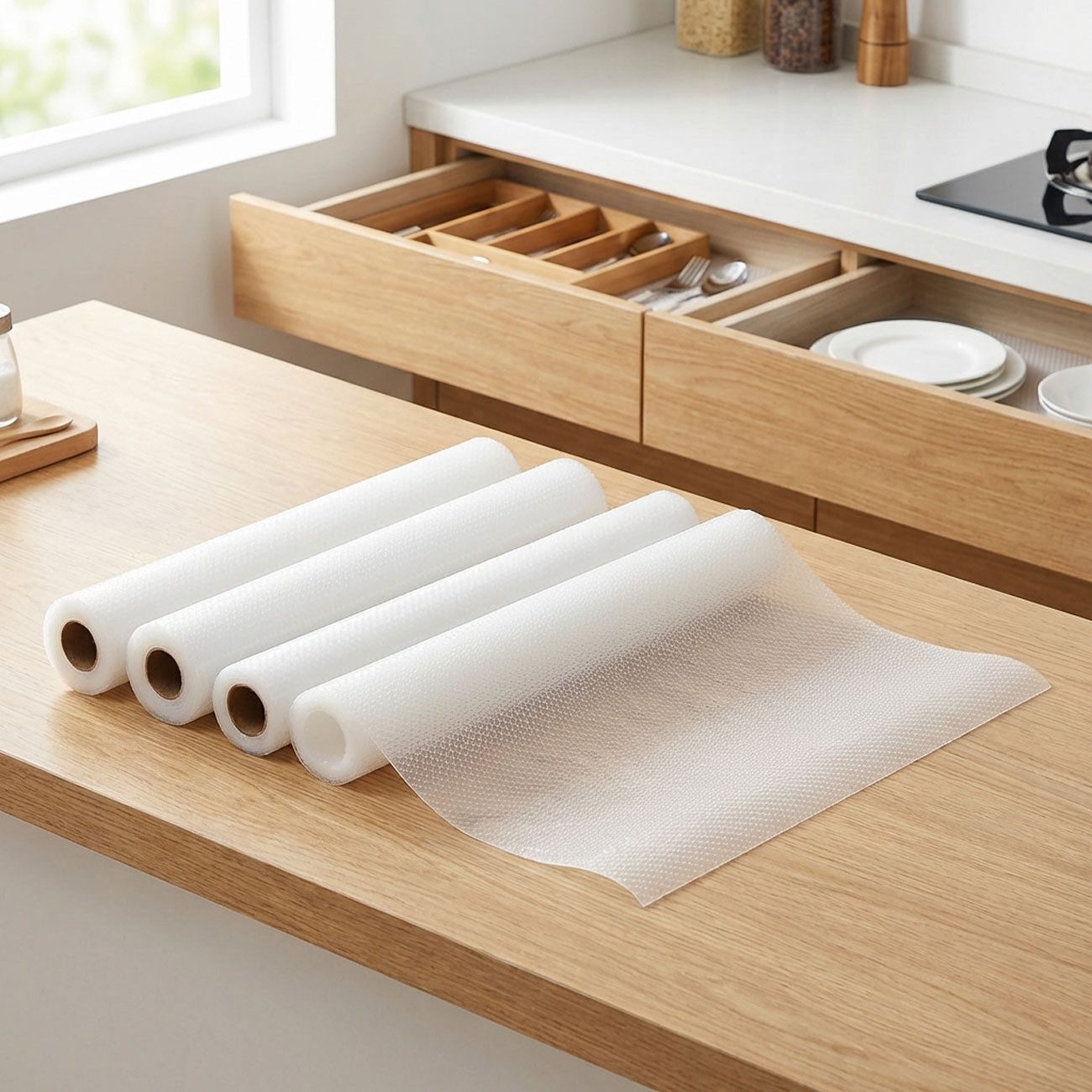 shop'n smile ideoon Schubladenmatte Antirutschmatte 50x150cm Einlegematte für Schublade Zuschneidbar (4 St), 4/8 Antirutschmatten, BPA-frei, lebensmittelecht, 50×150cm