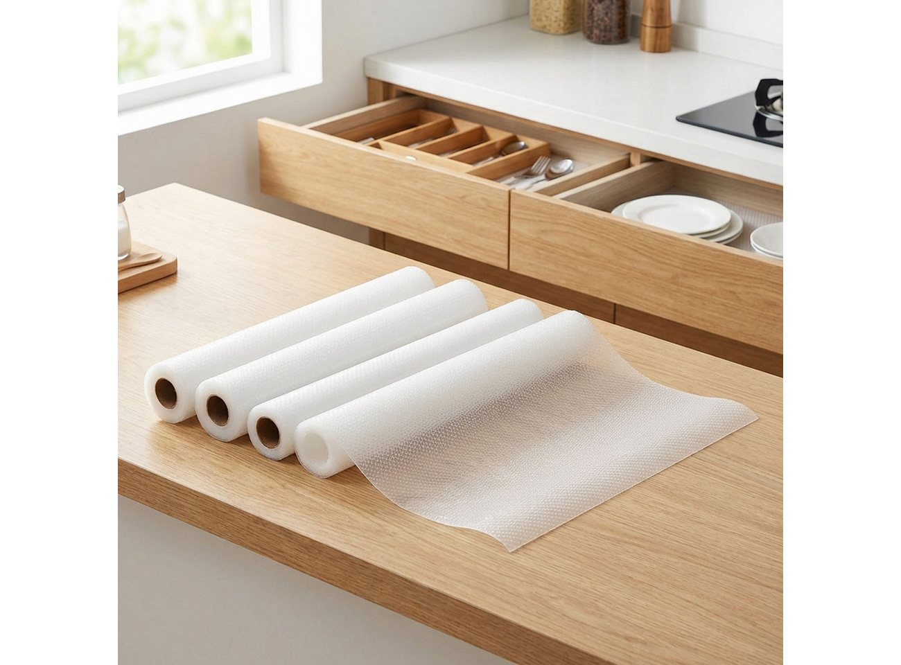 shop'n smile ideoon Schubladenmatte Antirutschmatte 50x150cm Einlegematte für Schublade Zuschneidbar (4 St), 4/8 Antirutschmatten, BPA-frei, lebensmittelecht, 50×150cm