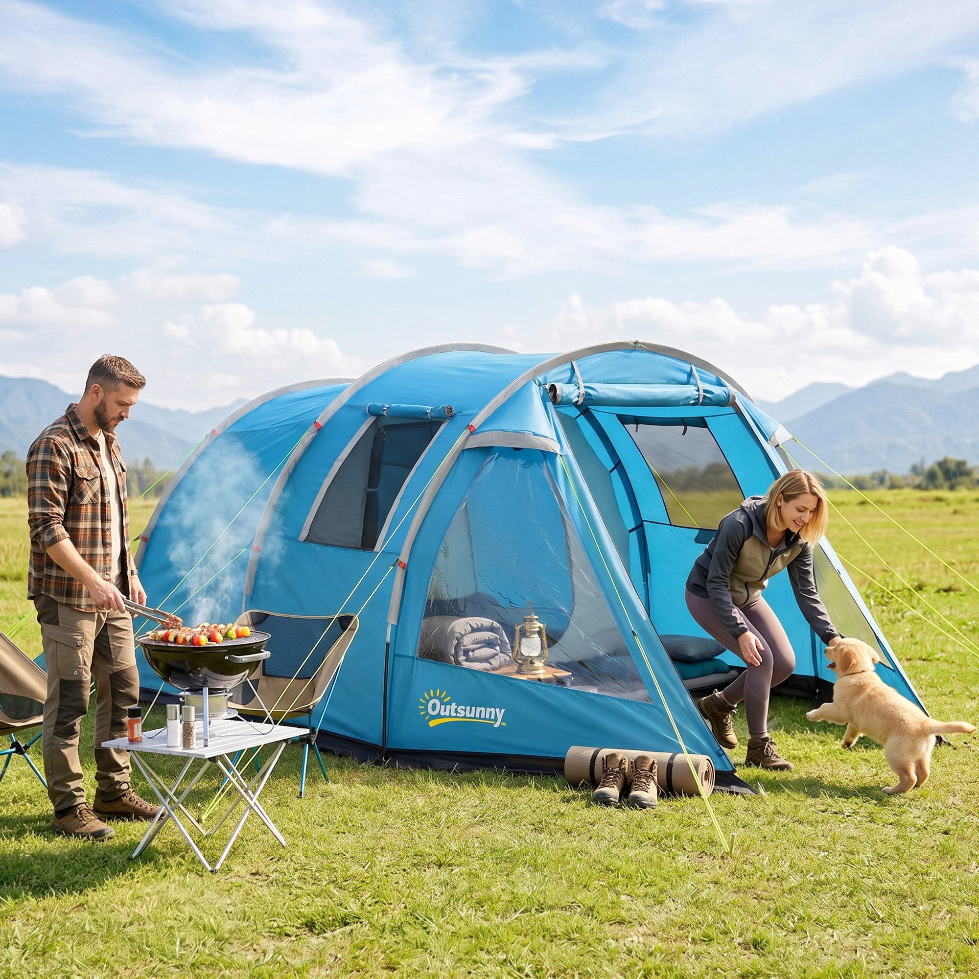 Outsunny Kuppelzelt Familienzelt mit Tür Fenster, Packtasche, Zelt, Personen: 4 (Festivalzelt, 1 tlg., Familienzelt), 2000 mm Wassersäule, für Trekking, Blau