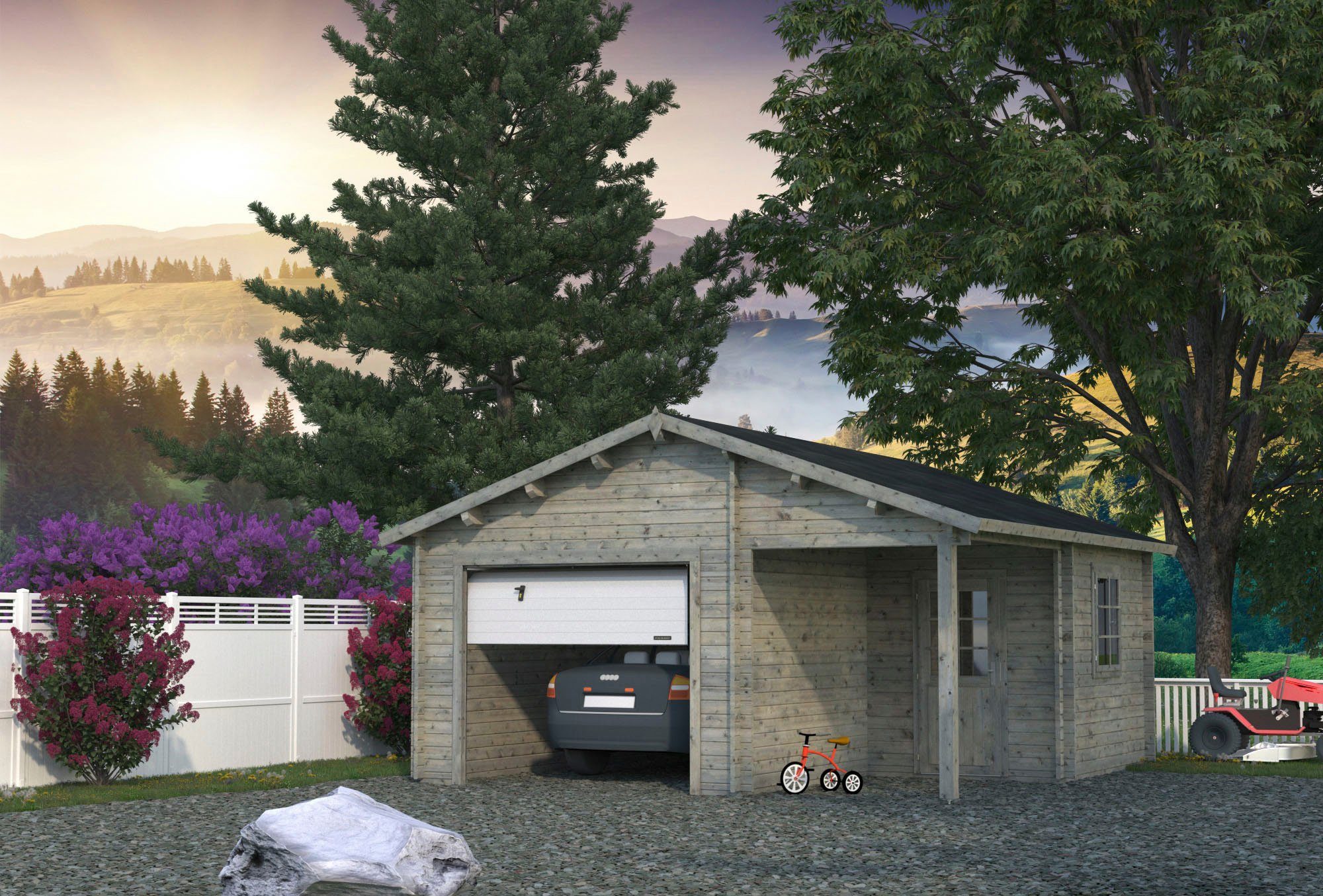 Palmako Garage Roger, BxTxH: 564x601x321 cm, mit Anbau und Sektionaltor, grau
