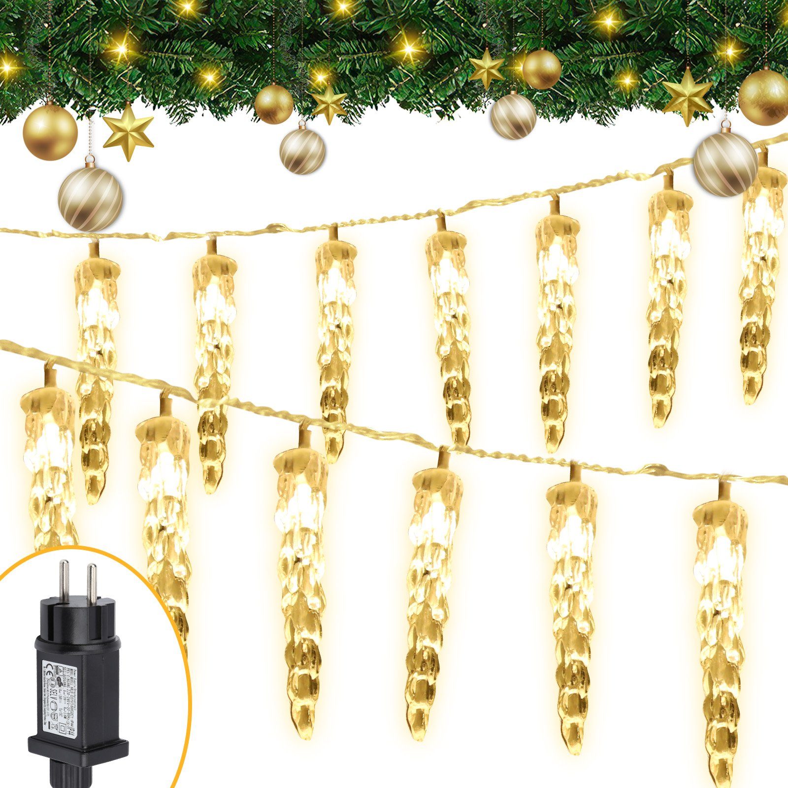 Gimisgu LED-Lichterkette LED Eiszapfen Lichterkette Außen Weihnachten Deko 40LEDs IP44 Warmweiß, Wasserdicht | Lichterketten