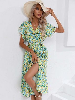 BlauWave Druckkleid Sommerkleider mit Blumenmuster und V-Ausschnitt (Bequeme Passform, 1-tlg., Für den Alltag unterwegs) Maxikleid mit Blumendruck für Frauen