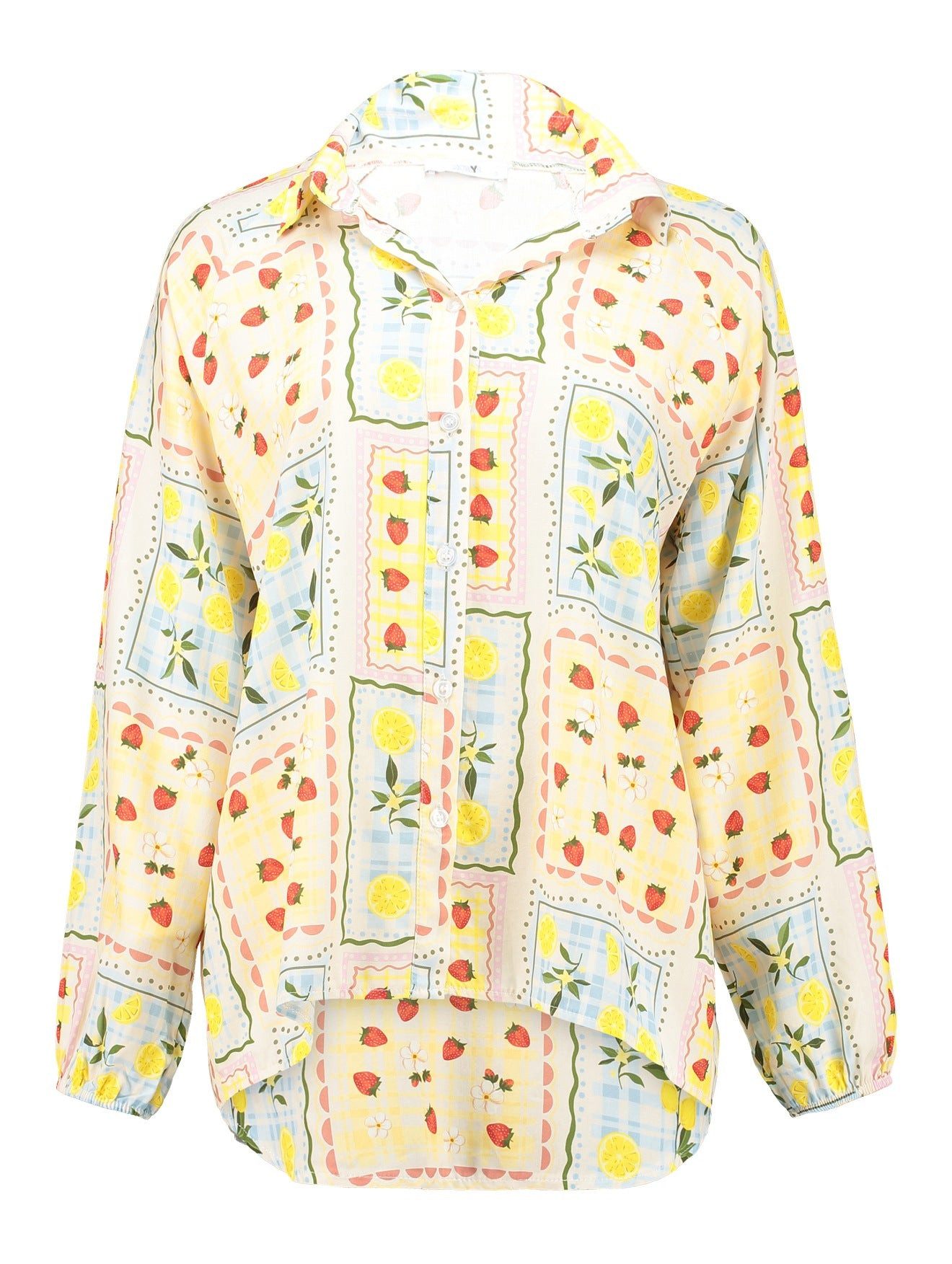 Hemdbluse Bluse mit Zitronen- und Erdbeerprint-Damenbluse Sommer