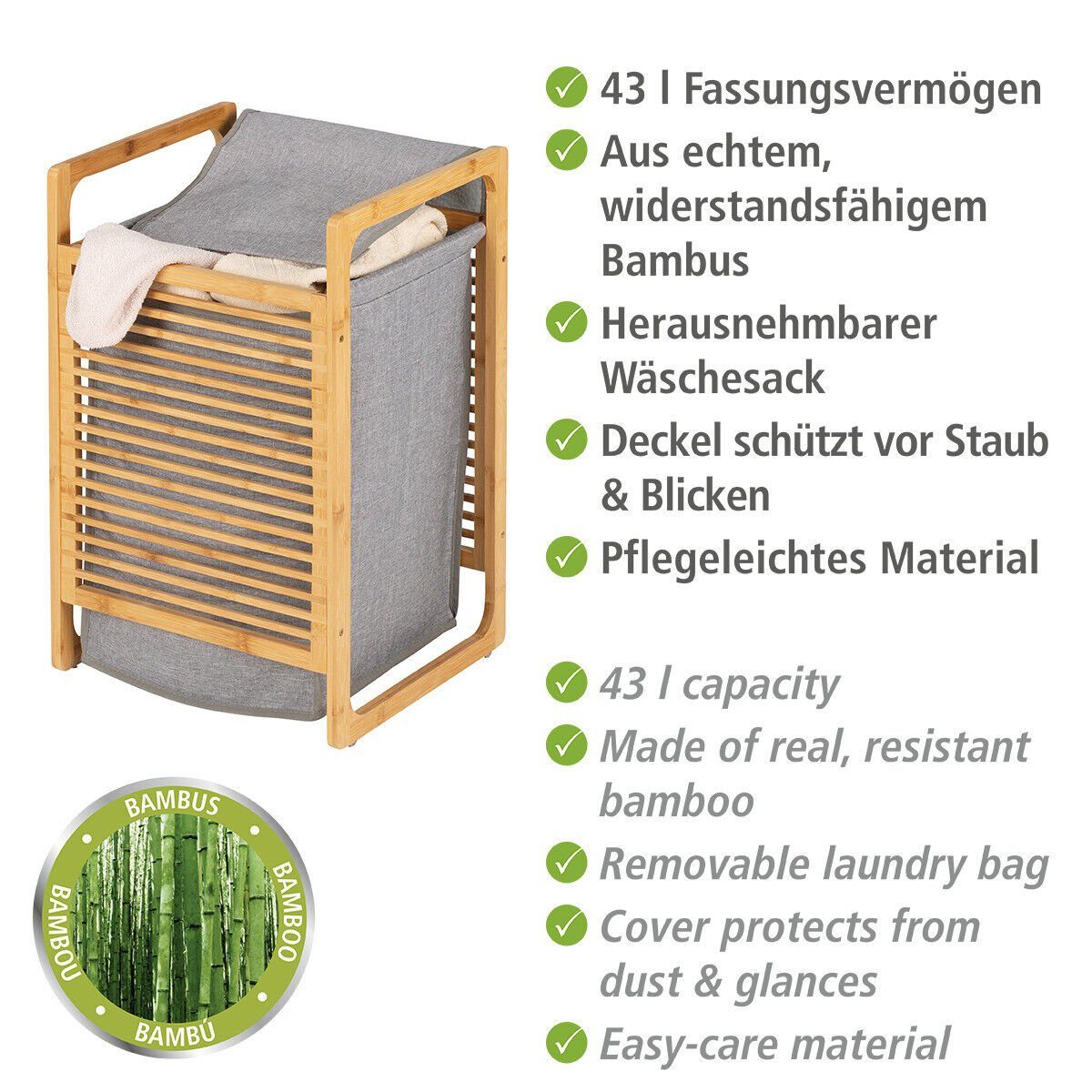Odikalo Wäschetruhe 43L Sammler Korb Sack mit Box Deckel Bambus Sortierer