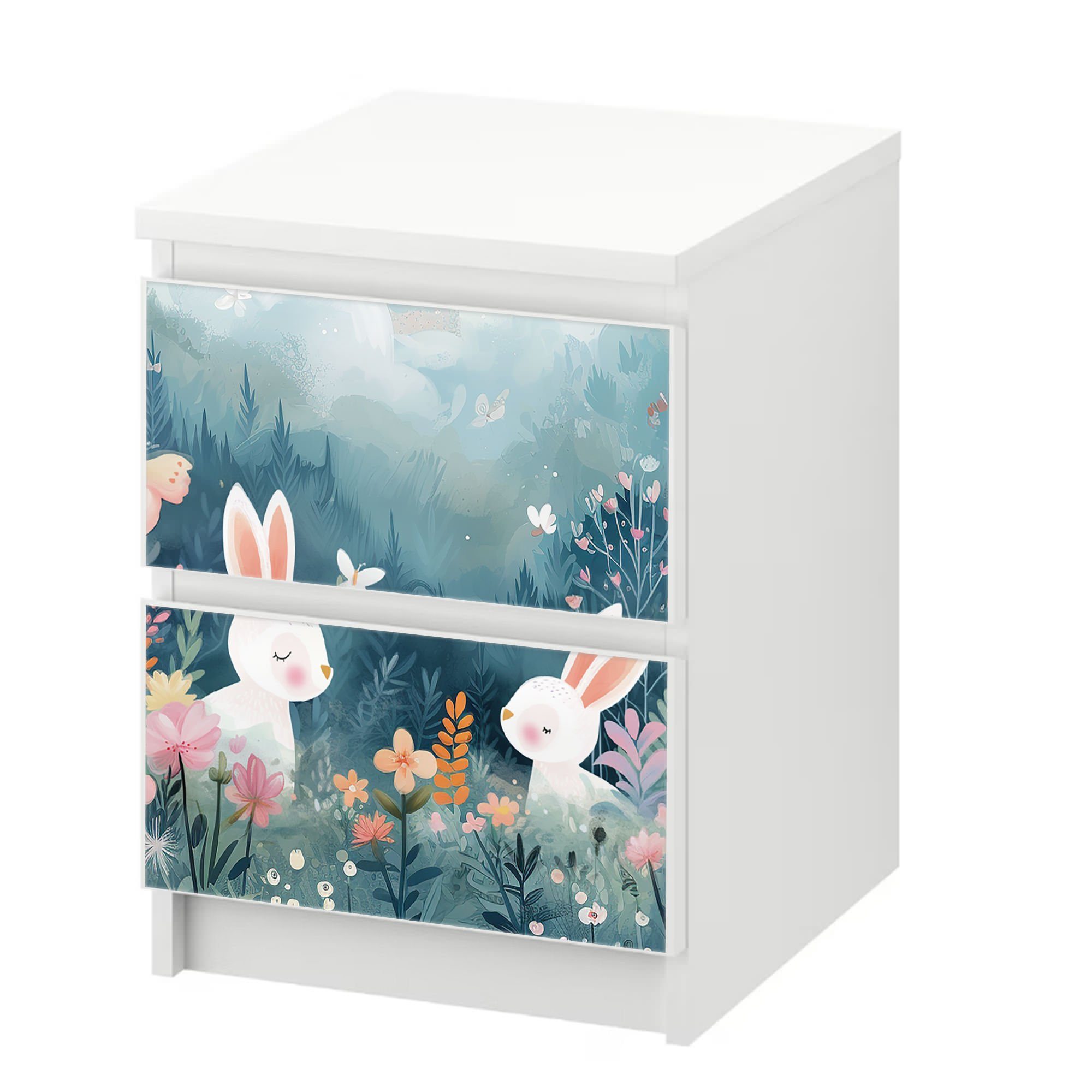 Sunnywall Möbelfolie passend für IKEA Malm Kommode Schrankfolie Aufkleber Hasen Bergwiese, blasenfreie selbstklebende Folie (SCHRANK NICHT INKLUSIVE)