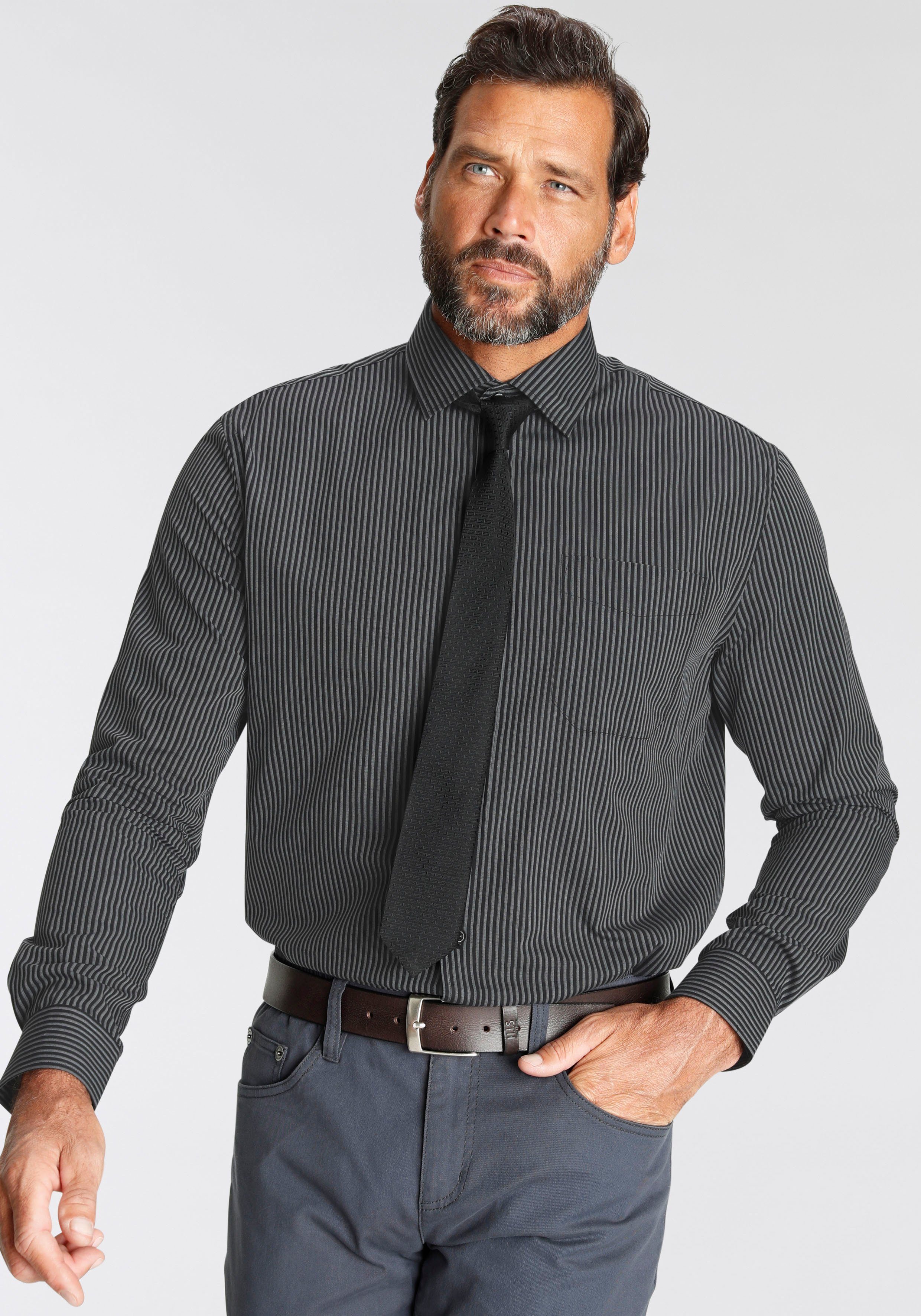 Man's World Businesshemd mit passender Krawatte, Kentkragen, Brusttasche (Set, 2-tlg., mit Krawatte) dunkelgrau
