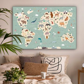 OneMillionCanvasses® Leinwandbild Erde - Weltkarte Kinder - Tiere - Jungen - Mädchen - Blau, (1 St), Leinwandbilder XXL für Wohnzimmer 150x100 cm