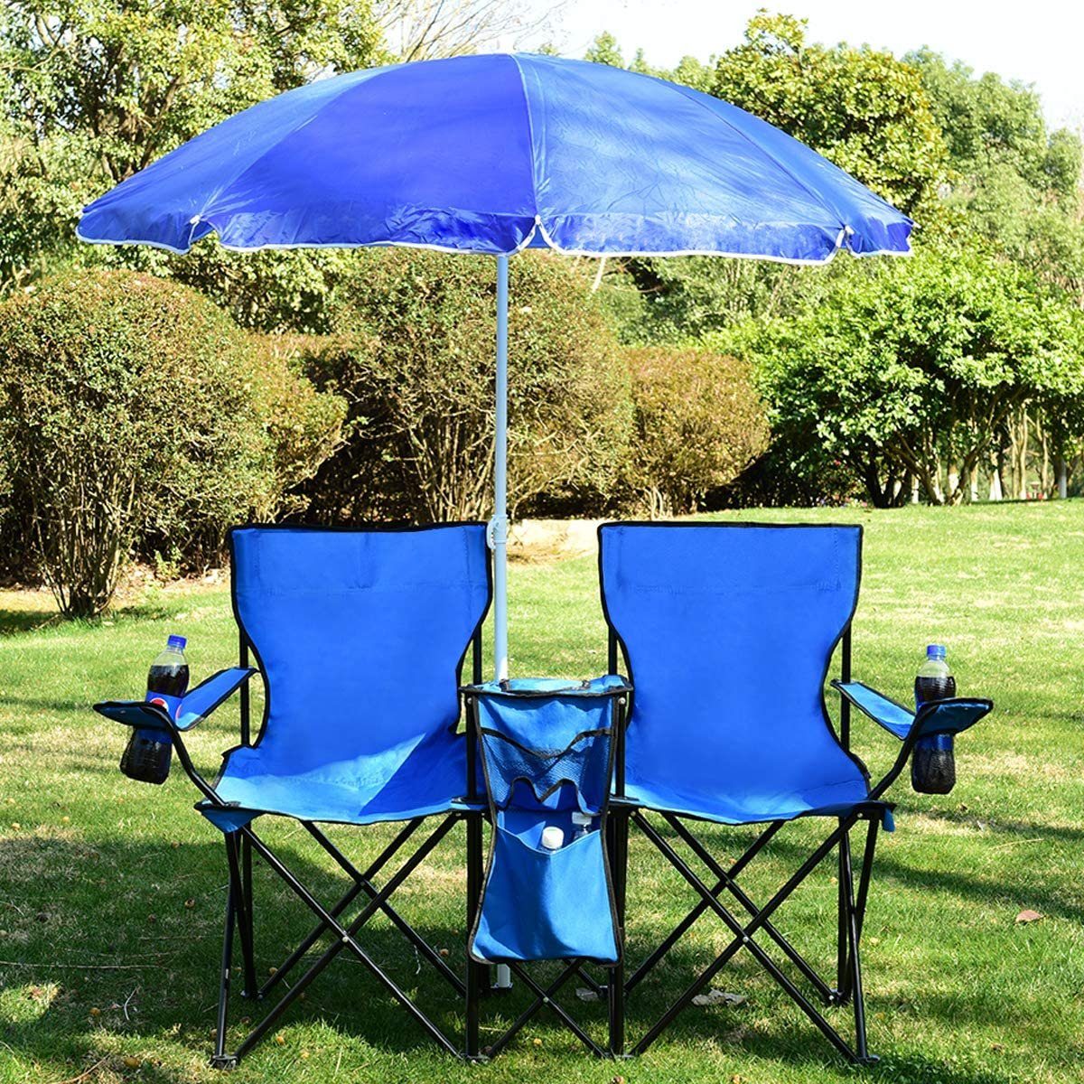 COSTWAY Campingstuhl, mit Sonnenschirm Getränkehalter Kühltasche für Paare Blau | Klappstühle