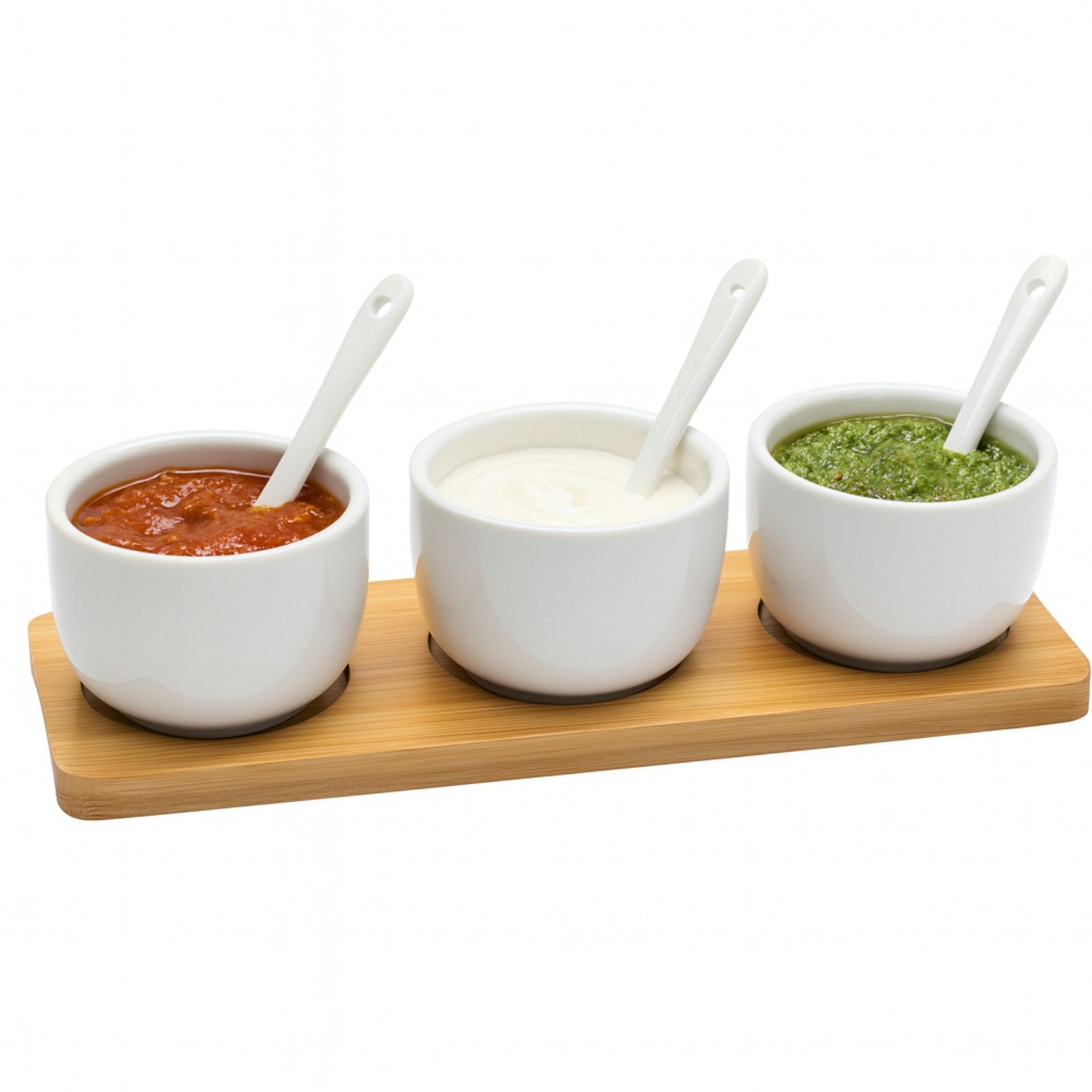 Koopman Servierschale Dipschale Soßenschale Snackschale Serviertablett Tablett 22x8x6cm, Keramik, (7-tlg), 7tlg, Inkl. Löffel, Keramik, Bambustablett, 3 Чаши