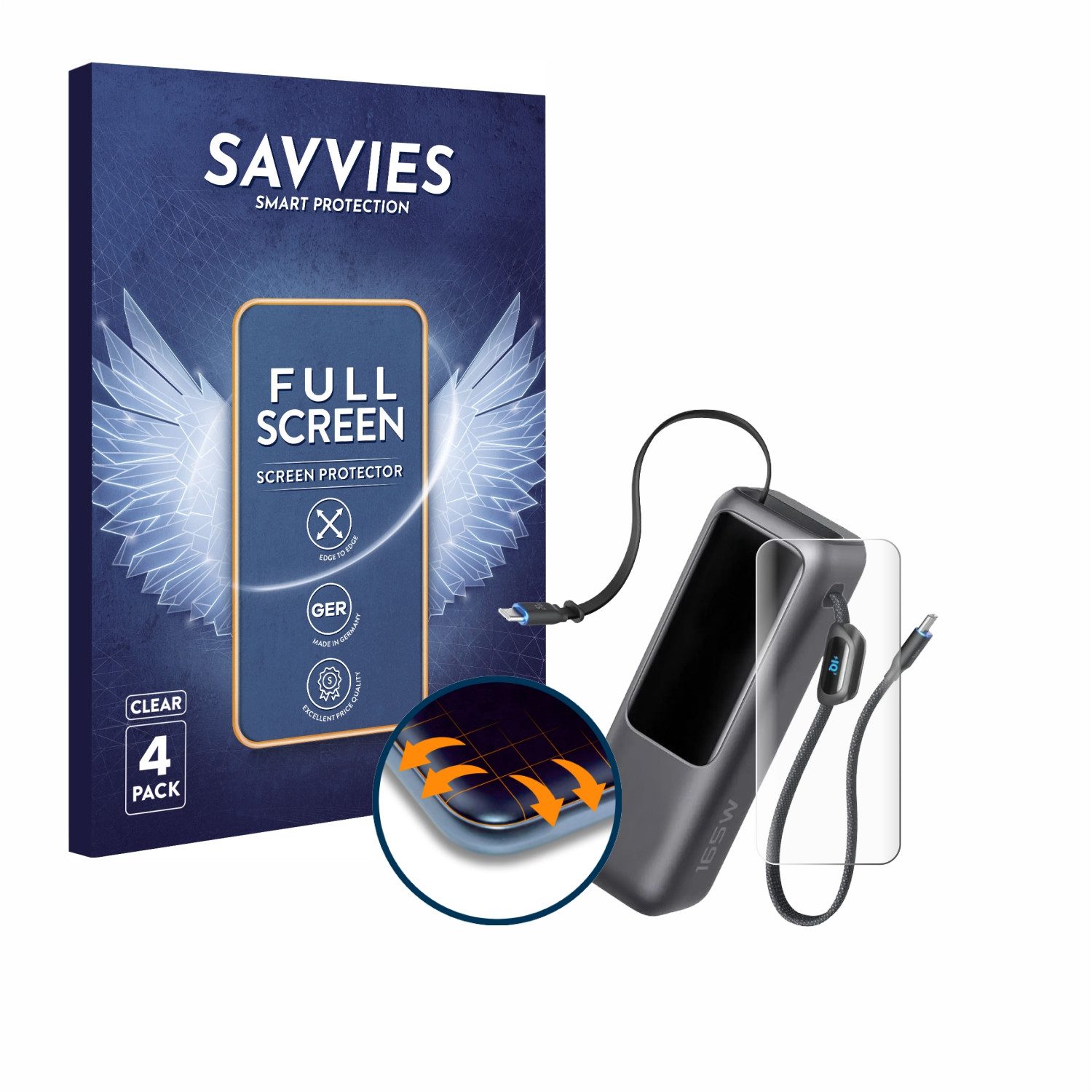 Savvies Displayschutzfolie Fullscreen Schutzfolie für Anker Laptop Powerbank A1695, 4 Stück, Displayschutz Folie Fullcover Klar Transparent