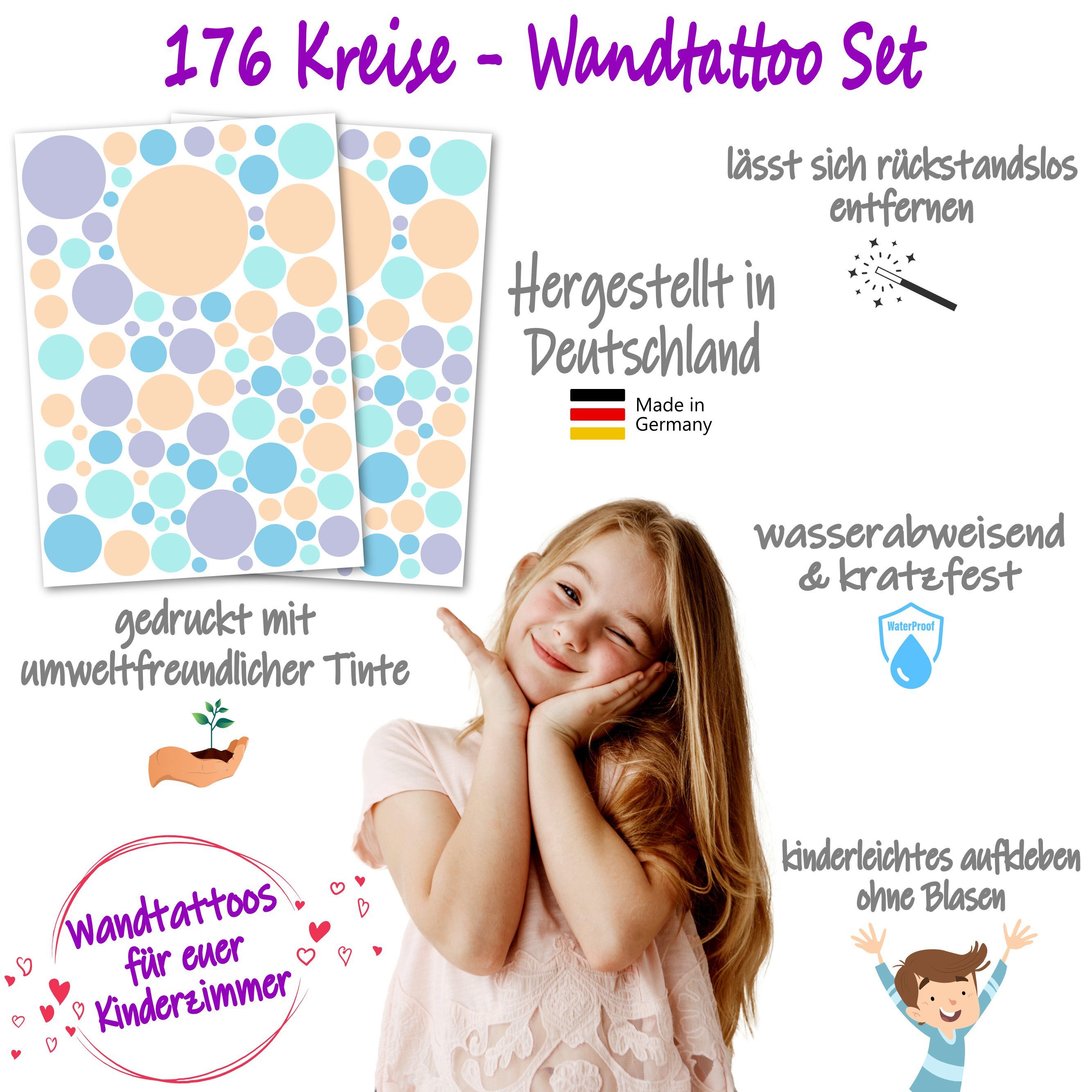 PUNALU Wandtattoo Kreis Kinderzimmer Set blau rückstandslos 176 für selbstklebend, Babyzimmer Aufkleber, Wandtattoo pfirsich Stück abziehbar