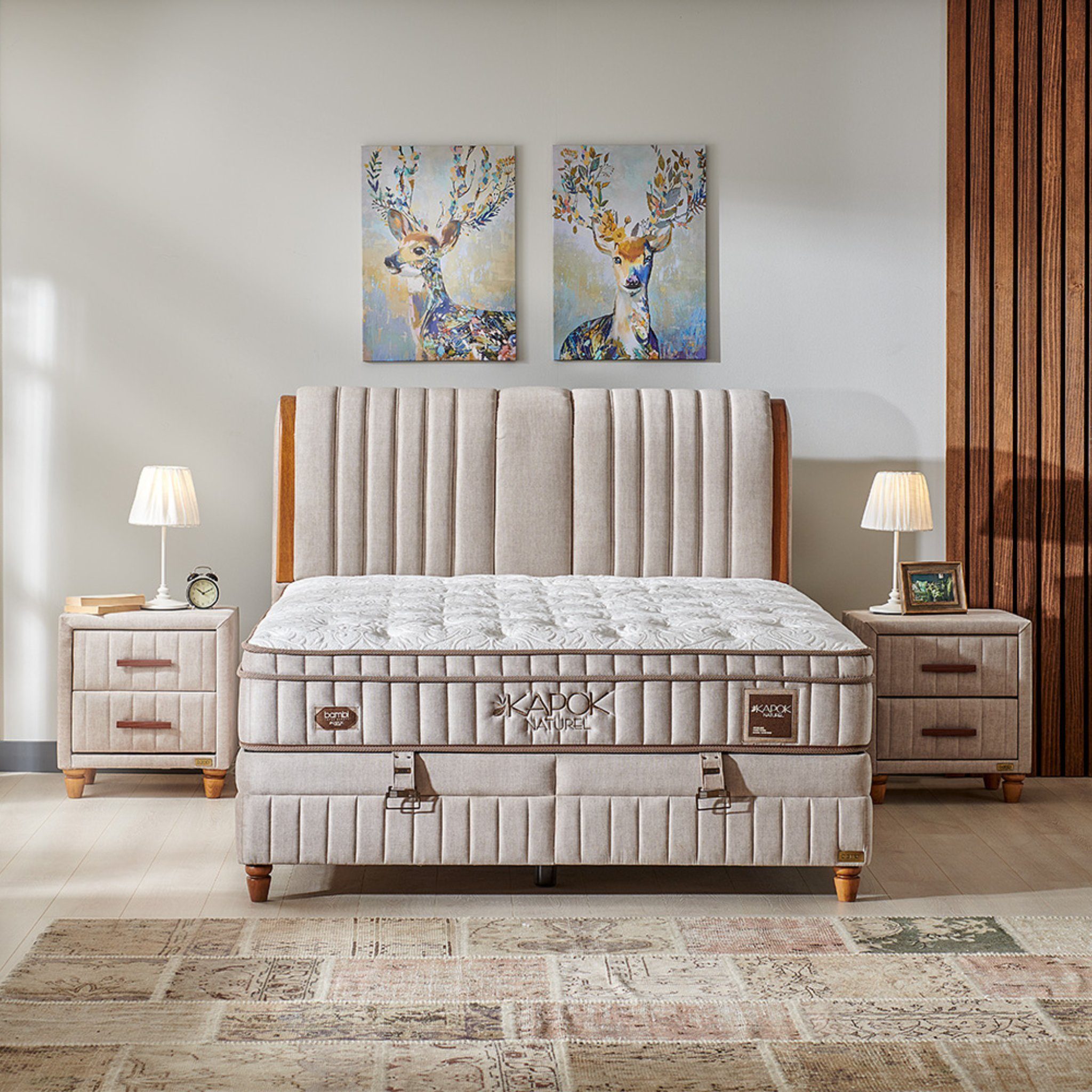 Bambi Boxspringbett mit Matratze Kopfteil Boxspringbett 180x200 - 90x200 Kapok (Doppelbett mit Fußteil, 4-St., Multipocket-Matratze H3 Matratze Topper, Kopfteil, Bettkästen), inkl. Lieferung
