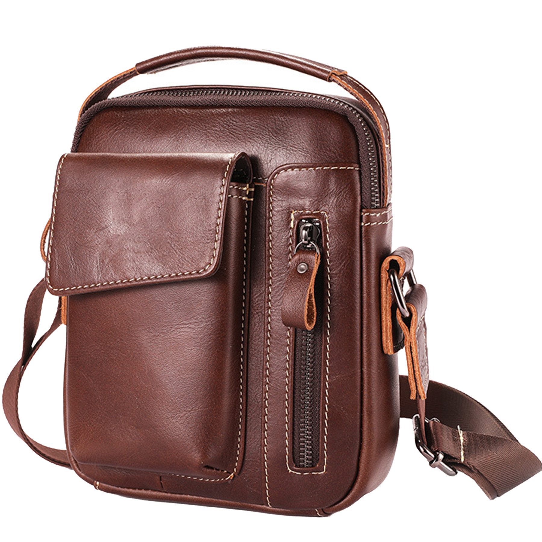 Mutig Umhängetasche Handytasche zum Umhängen Damen Herren Schultertasche Herrentasche (PU Leder Vintage Handytasche Messenger Umhängen Tasche Man Bag, Ledertasche Männer Tasche, mit Verstellbarem Gurt), für Business Arbeit Reise