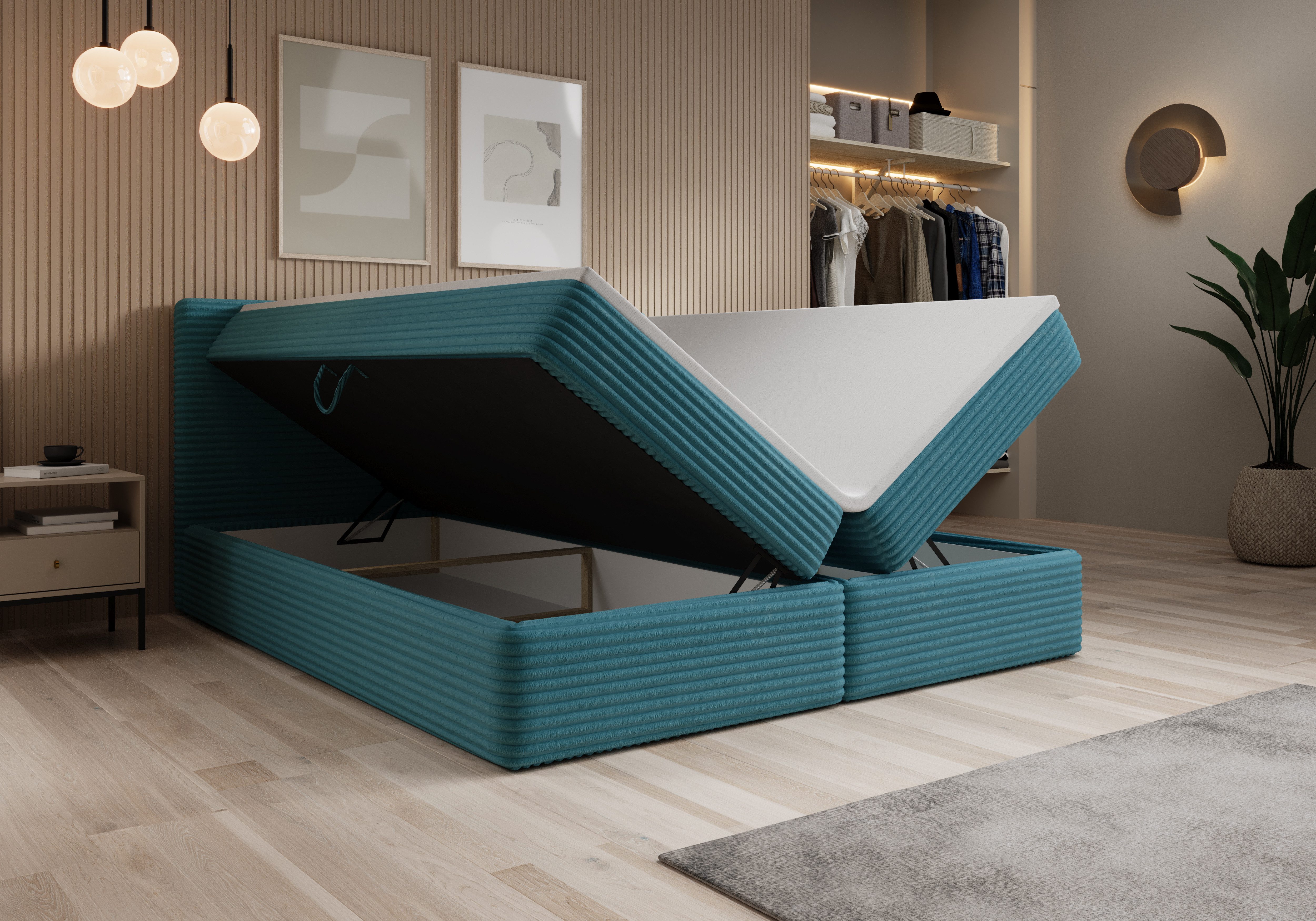 thematys Boxbett mit zwei Bettkasten 140x200–200x200 cm – Cordstoff Bezug – (Polsterbett Bonnellfederkern Matratze H3 + Gratis 3cm Topper, Boxbett - Luxus Doppelbett mit Stauraum)