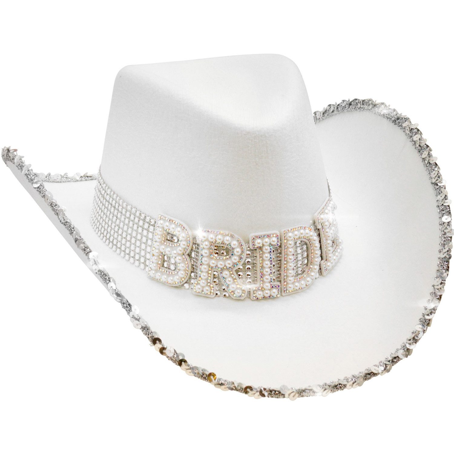 Widmann S.r.l. Kostüm Braut Strass Cowboyhut 'BRIDE' mit Perlendeko, We