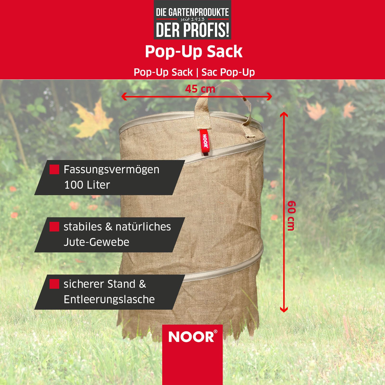 NOOR Gartensack POP-UP faltbar, 100 l, standfester Laubsack für Gartenabfälle & Grünschnitt