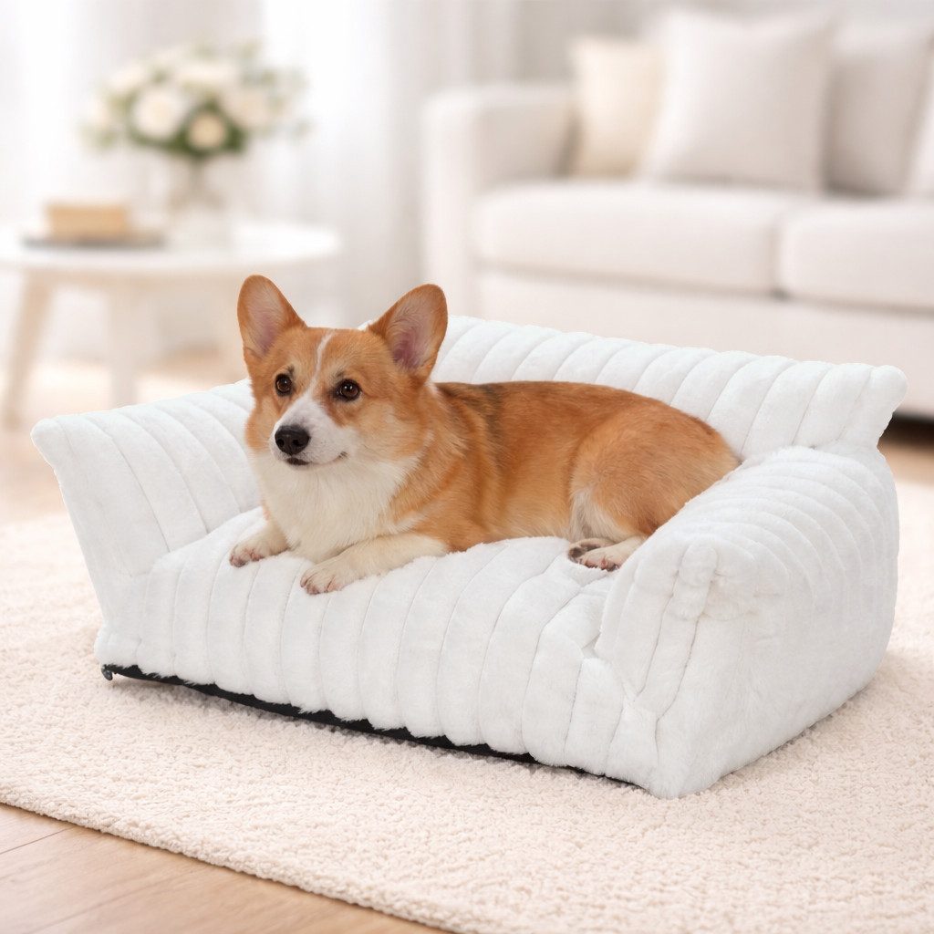 Elegear Tierbett weich Haustiersofa für Katzen & Hunde, abnehmbar/waschbar, Weiß/Grau, Kaninchenfellimitat & PP-Baumwolle, dauerhaft, 76*51*25 cm