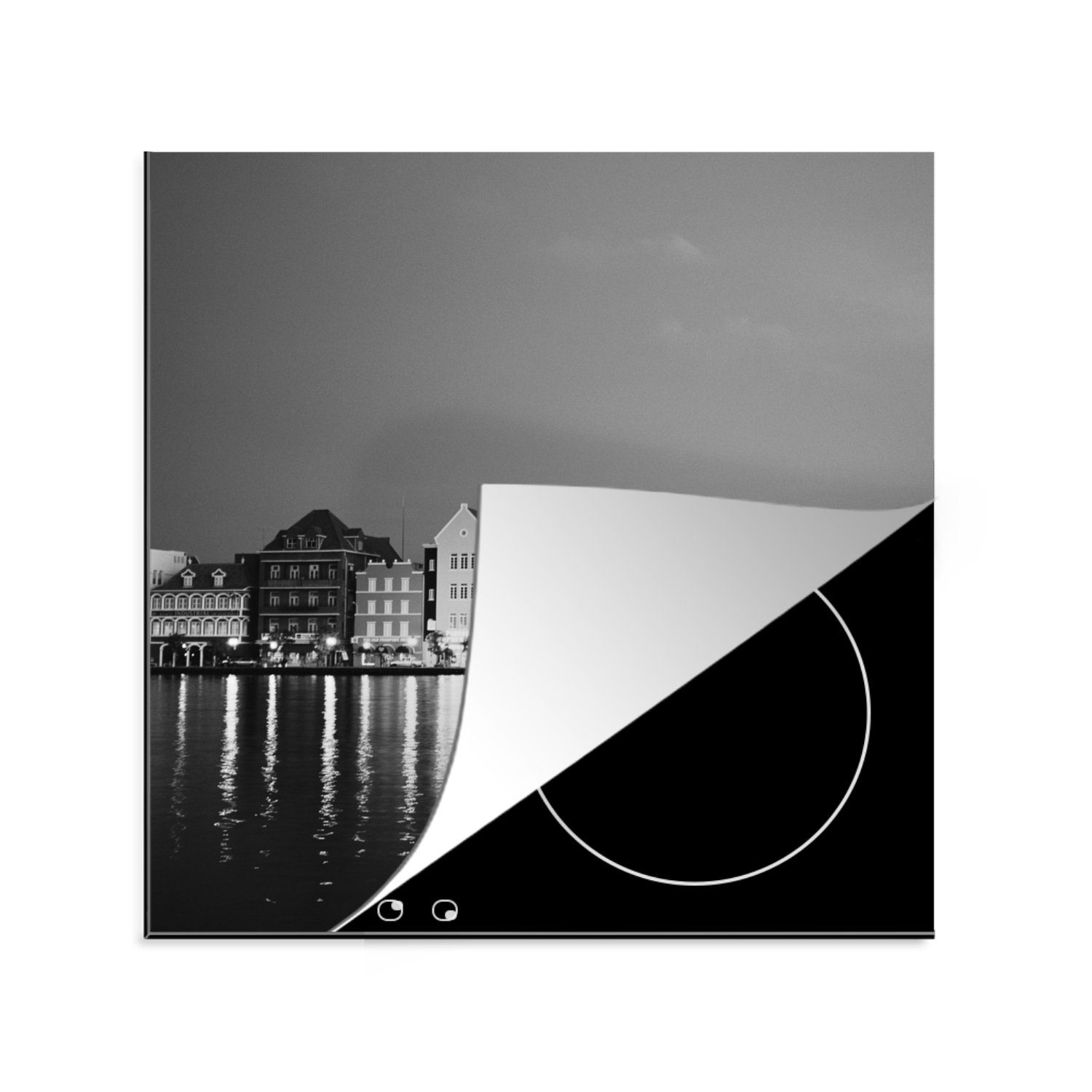 MuchoWow Herdblende-/Abdeckplatte Curaçao - Willemstad - Schwarz - Weiß, Vinyl, (1 tlg), 78x78 cm, Ceranfeldabdeckung, Arbeitsplatte für küche