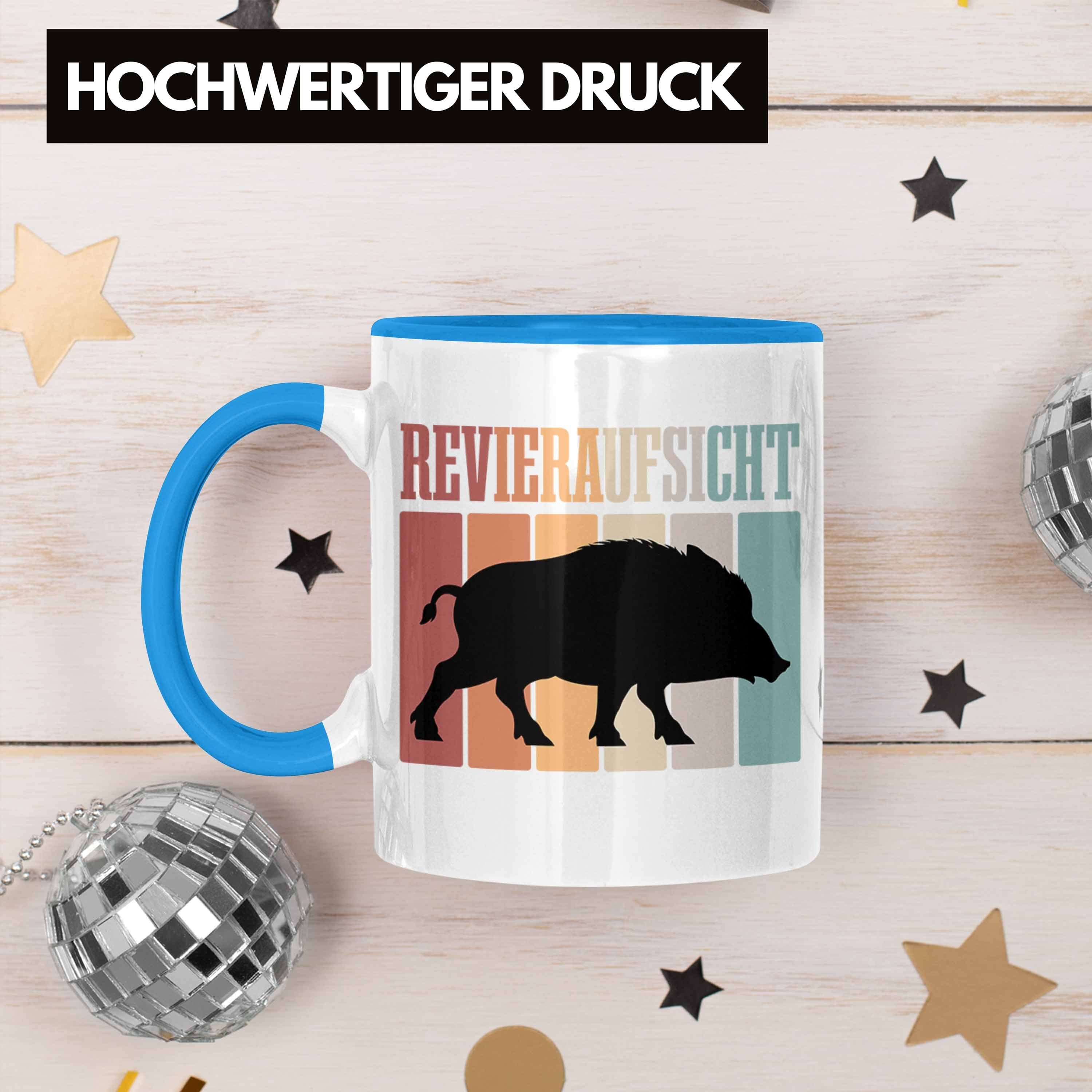 Trendation Tasse Revieraufsicht Tasse Geschenk Wildschwein Blau Jäger für Geschenkidee Jäger