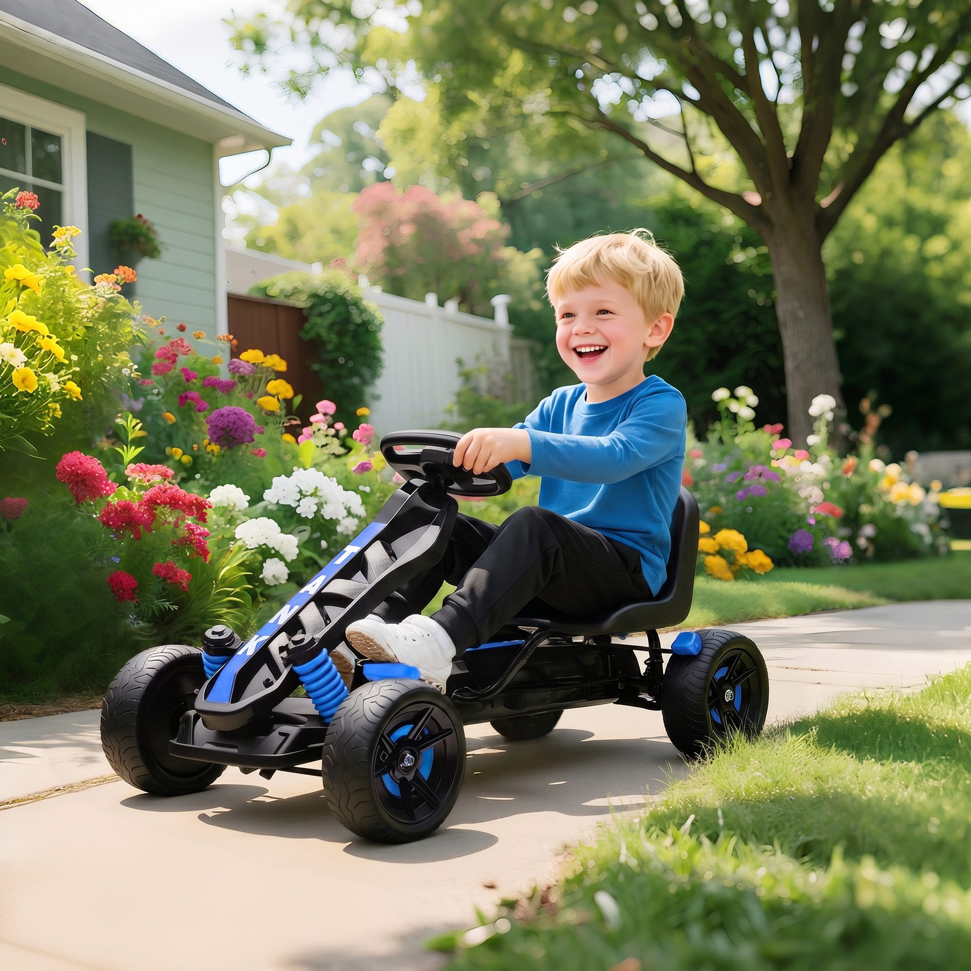 AIYAPLAY Go-Kart Tretauto mit Handbremse, Vor- und Rückwärtsgang, Tretfahrzeug, für Kinder 3-6 Jahren Blau