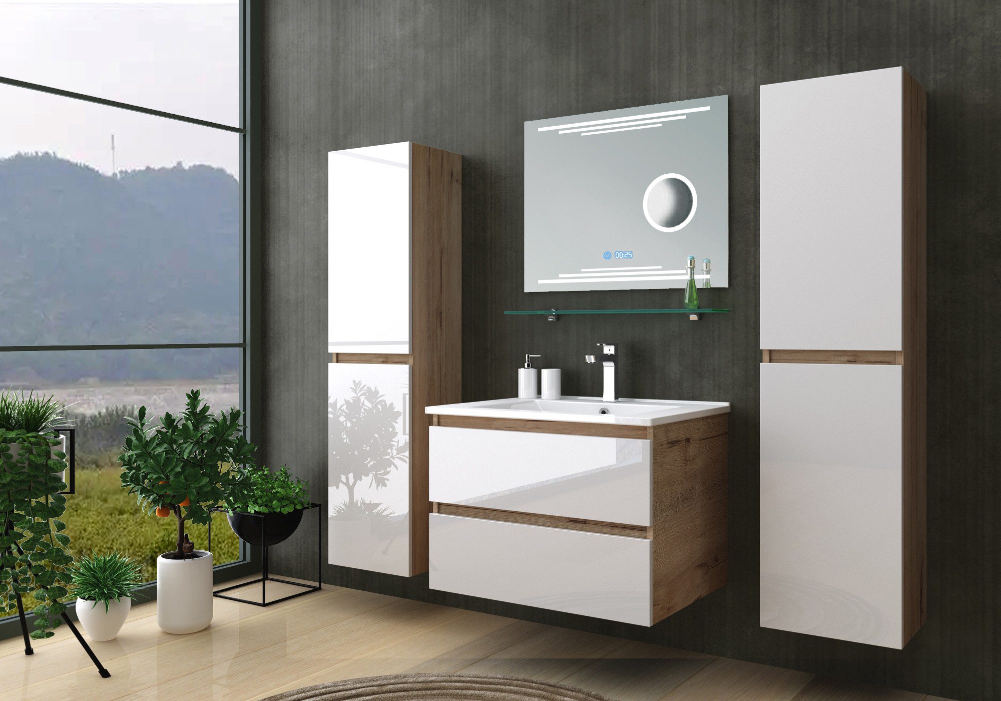 Homeline Badmöbel-Set Leonard badmöbel Set Eiche/Weiß Kosmetik Spiegel 60 90 120 cm, (BadMöbel Set, 6-St., Badezimmer Möbel)