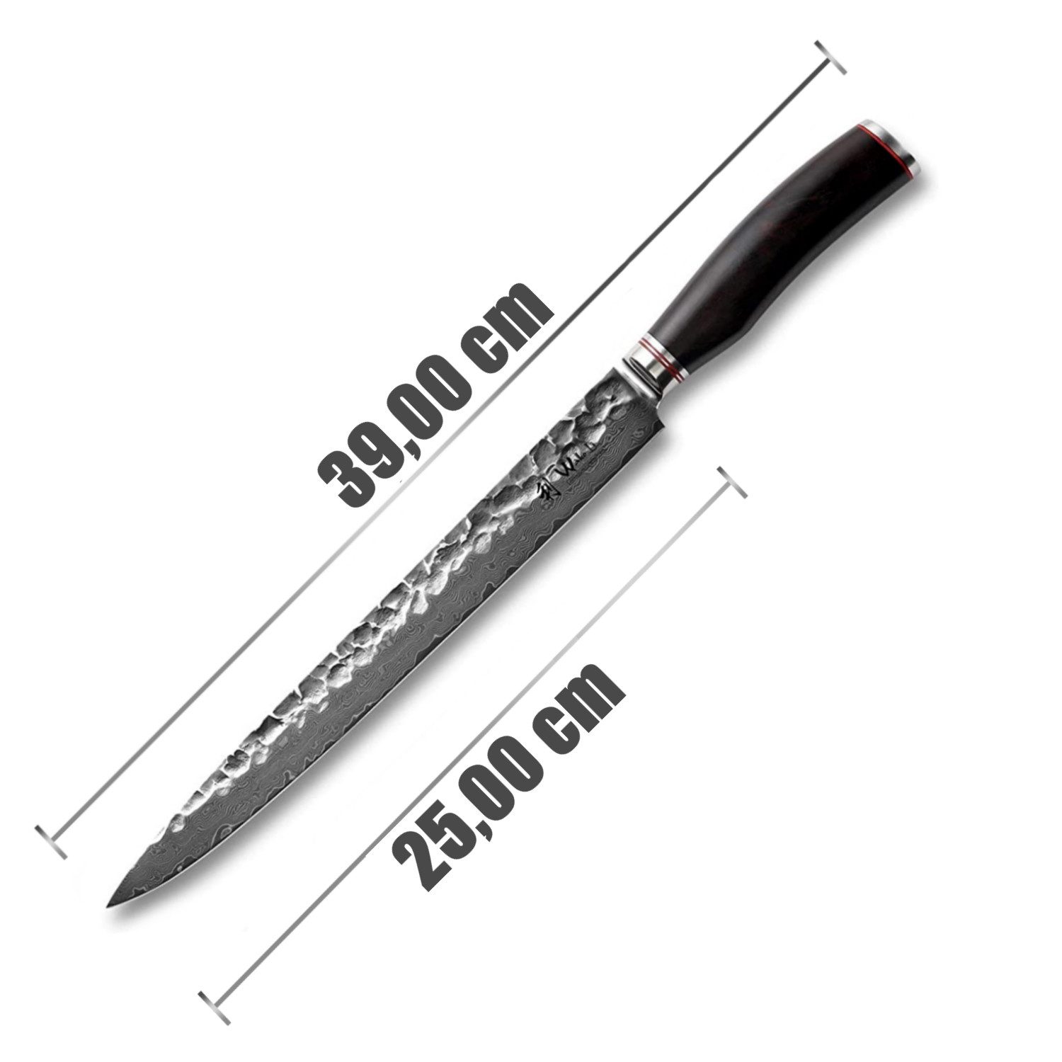 Wakoli Tranchiermesser Damast Sashimi Küchenmesser 25 cm Klinge mit Hammerschlag, aus 67 Lagen Damaststahl, VG10 Kern