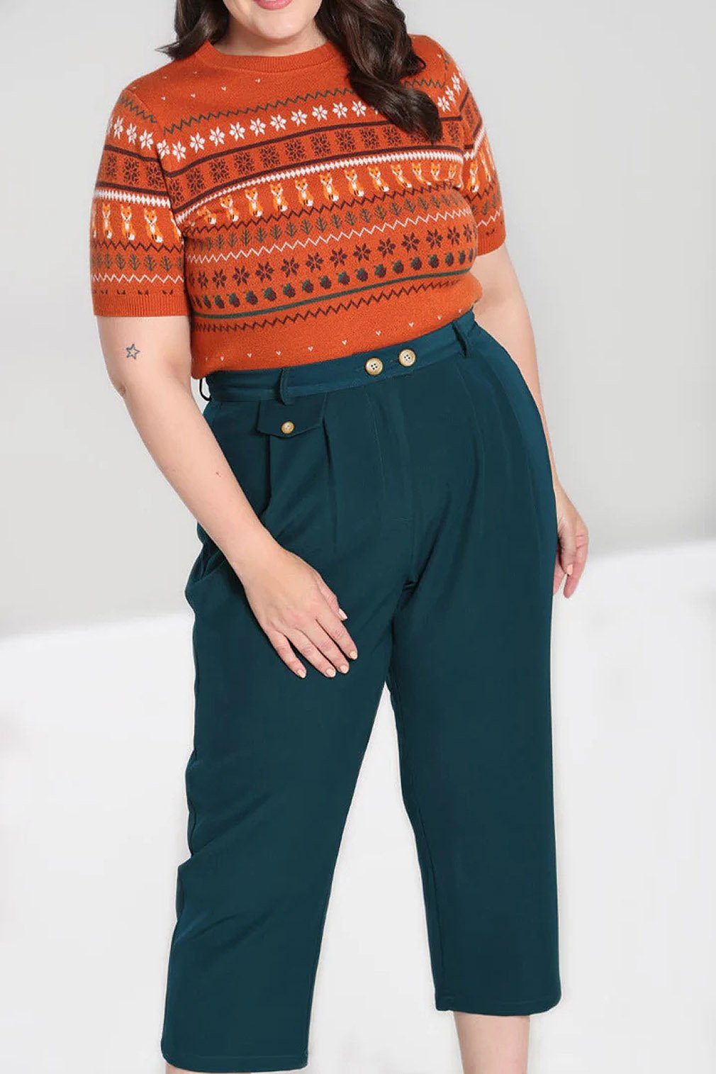 Hell Bunny Stoffhose Ravenwood Cropped Trousers Petrol Retro Vintage