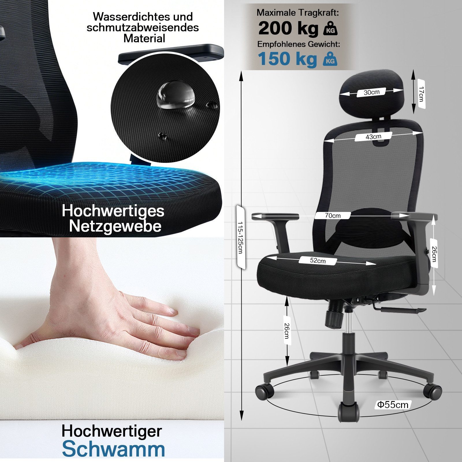 Milacyee Bürostuhl Chefsessel Wippfunktion 200kg belastbar ergonomisch,Bürostuhl (Verstellbare und feststellbare Lendenstütze + Kopfstütze + höhenverstellbare A – Bild 5 von 5