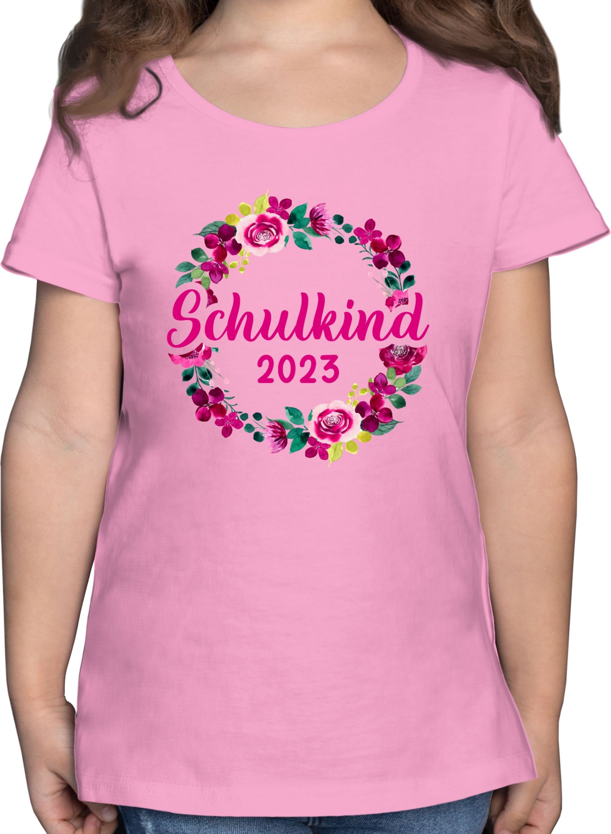 Mädchen 3 Blumenkranz Schulkind 2023 T-Shirt Rosa Shirtracer Einschulung