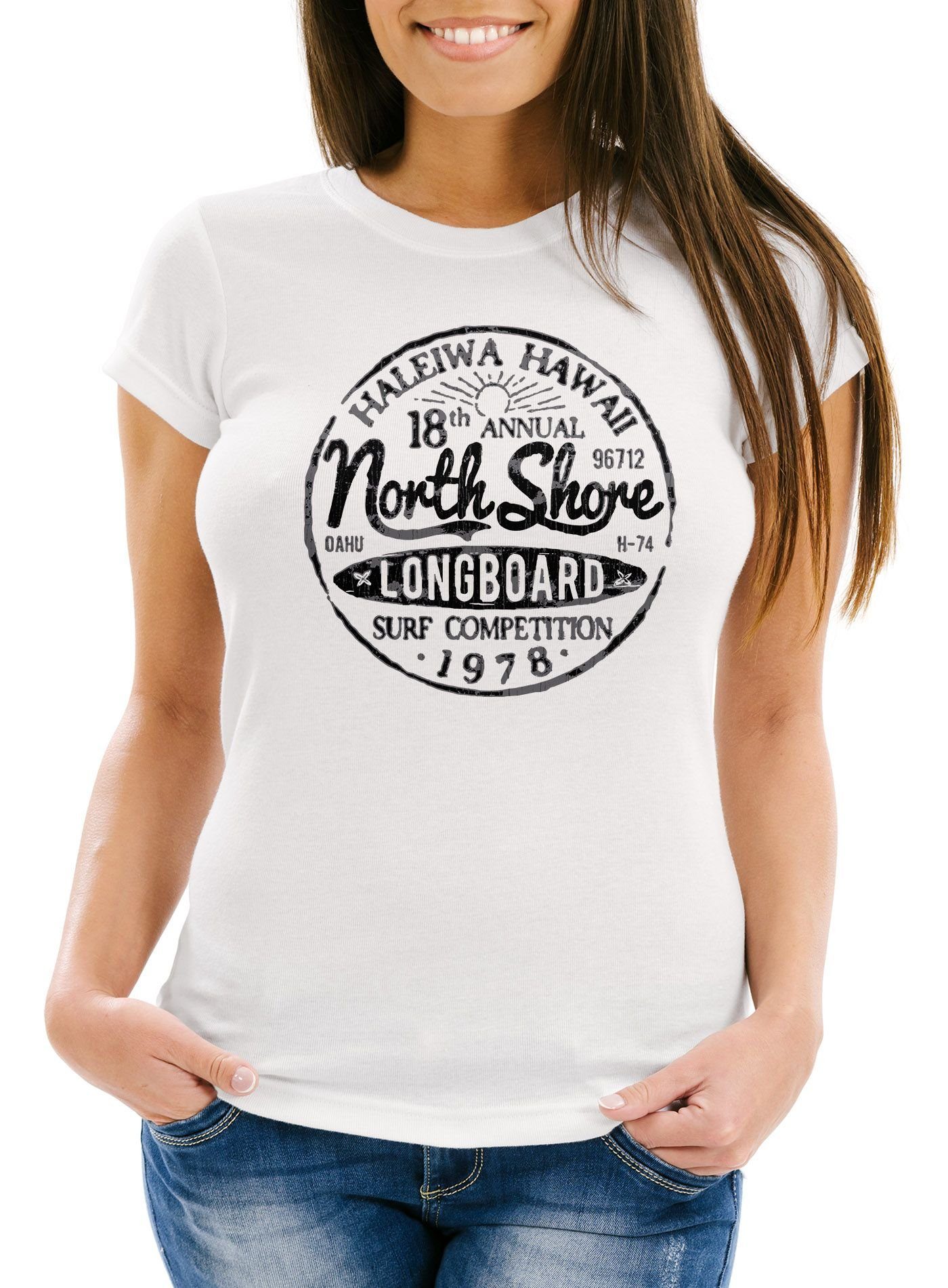 Neverless Print-Shirt Damen T-Shirt North Shore Longboard Retro Surf Motiv Wellenreiten Slim Fit Neverless® mit Print
