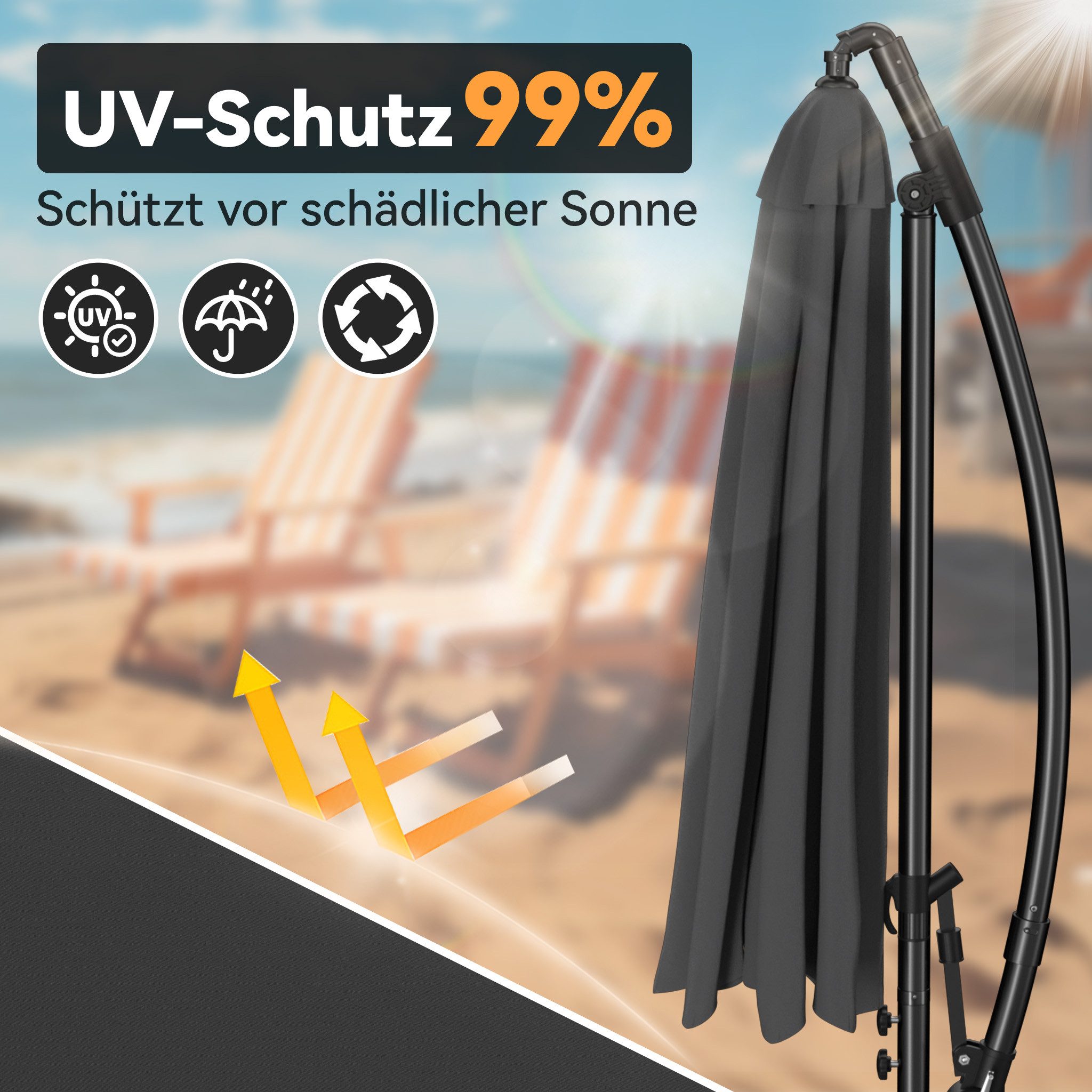 FIVMEN Sonnenschirm Freiarmschirm, Garten- und Terrassenschirm mit Kurbel, LxB: 250x300 cm, Ø300 cm – Bild 3 von 5