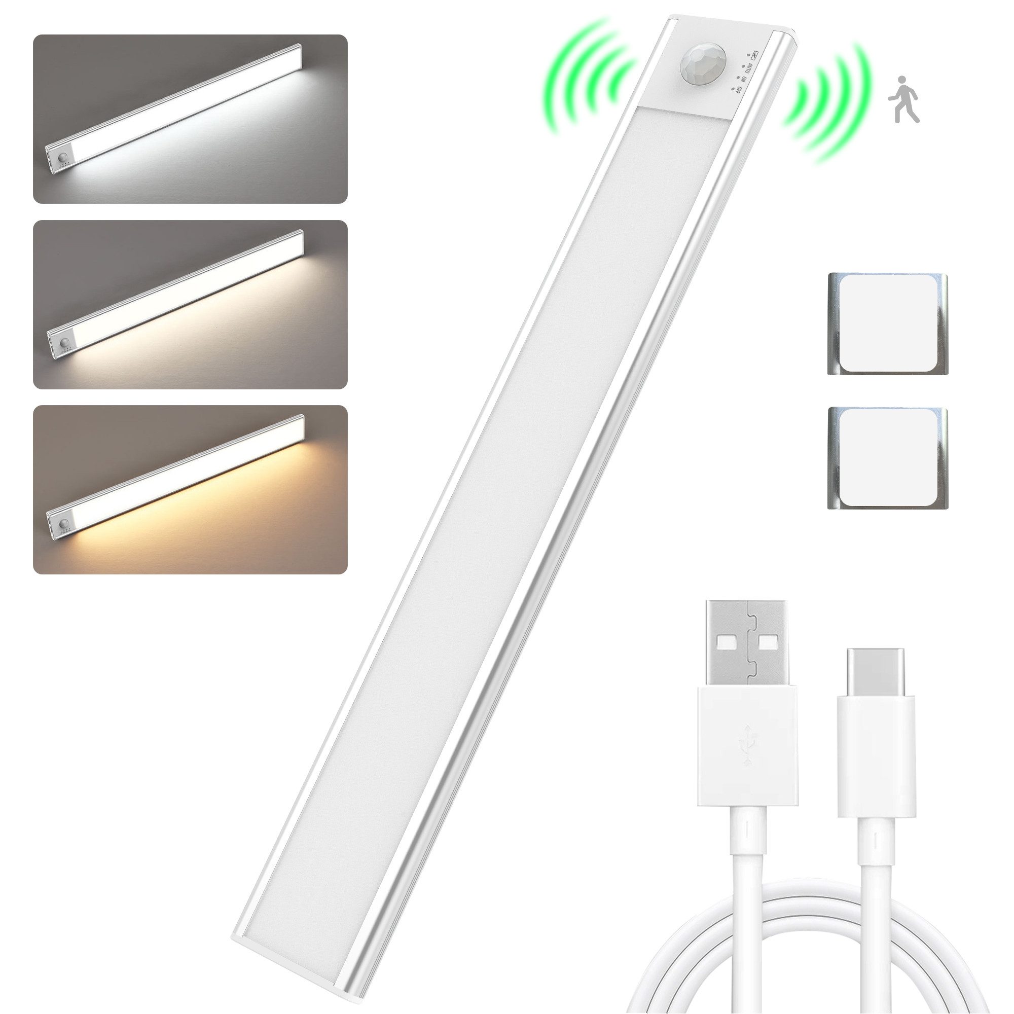 walkbee LED Unterbauleuchte LED Lichtleiste,Nachtlicht Schrankleuchten mit Bewegungsmelder, LED Leiste, LED festintegriert, LED Nachttischlampe, USB Wiederaufladbar Schranklicht und Treppenlicht, Kaltweiß, Warmweiß, Naturweiß, Universell einsetzbar für Treppen, Küche, Wohnzimmer,usw.