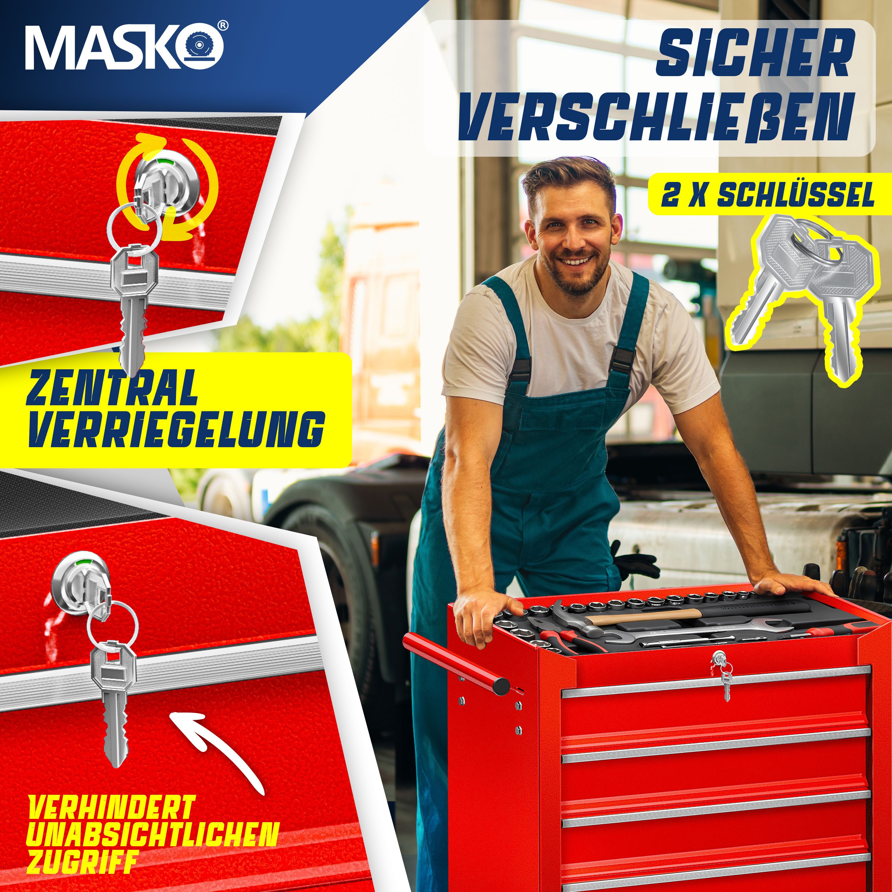 MASKO Werkstattwagen Profi Werkzeugwagen mit 5 Schubladen, abschließbar, massives Metall, 5 Fächer Rot, Rollwagen zur Werkzeugaufbewahrung mit Schloss & 2 Schlü – Bild 5 von 5
