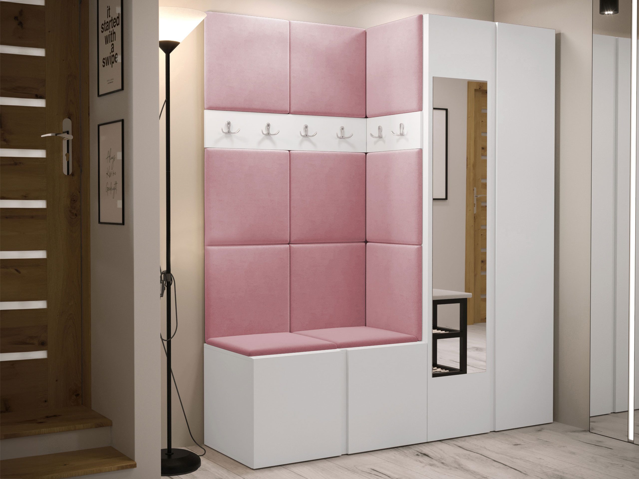 MIRJAN24 Garderoben-Set Orion XII, (Komplett-Set, Schrank, Schrank mit Spiegel, 2x Kleiderhaken, Paneel 11x 42x42), Auswahl aus Fronten und Polsterplatten