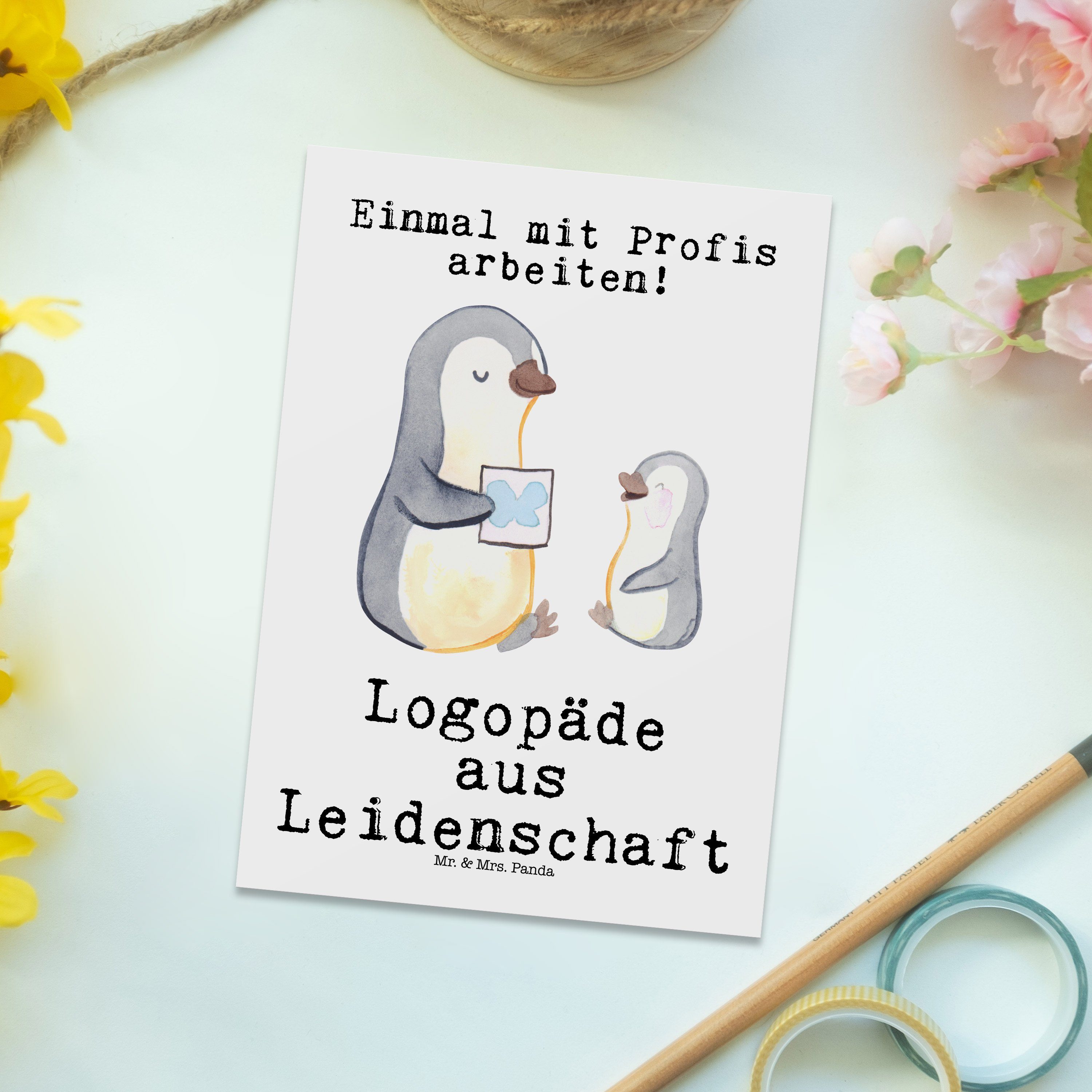 Mr. & Logopäde Jubiläum aus - Geschenk, Postkarte Leidenschaft Mrs. Panda - Weiß Geschenkkarte