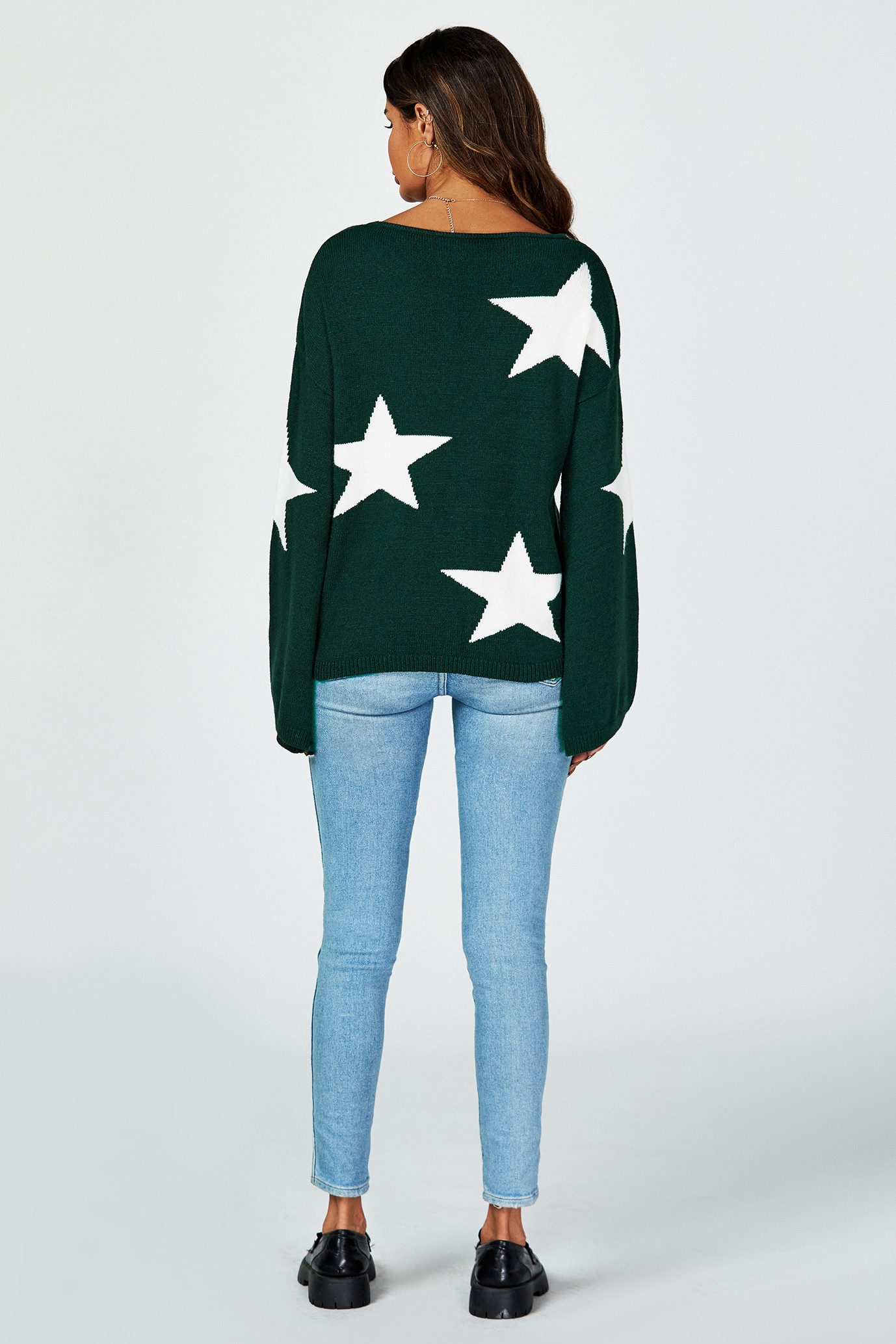 FS Collection Strickpullover Oversize Pullover mit weiten Ärmeln und Stern – Strickwaren (Einheitsgröße: UK 8–12 / EU 36–40, 5 Farben : Grau, Schwarz, Creme, Rot, Dunkelgrün) 100 % Acryl