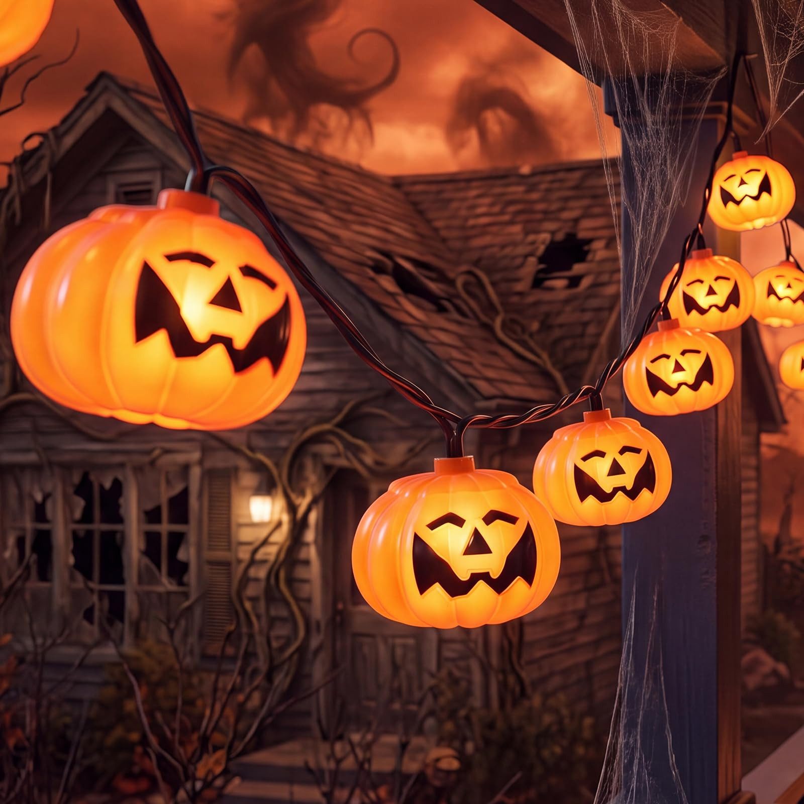 nsihing LED-Lichterkette Halloween-Kürbis-Lichterkette (batteriebetrieben), 3 m / 20 LEDs, niedliche wasserfeste 3D-Kürbisse, Dauerlicht/Flackern – Bild 3 von 5