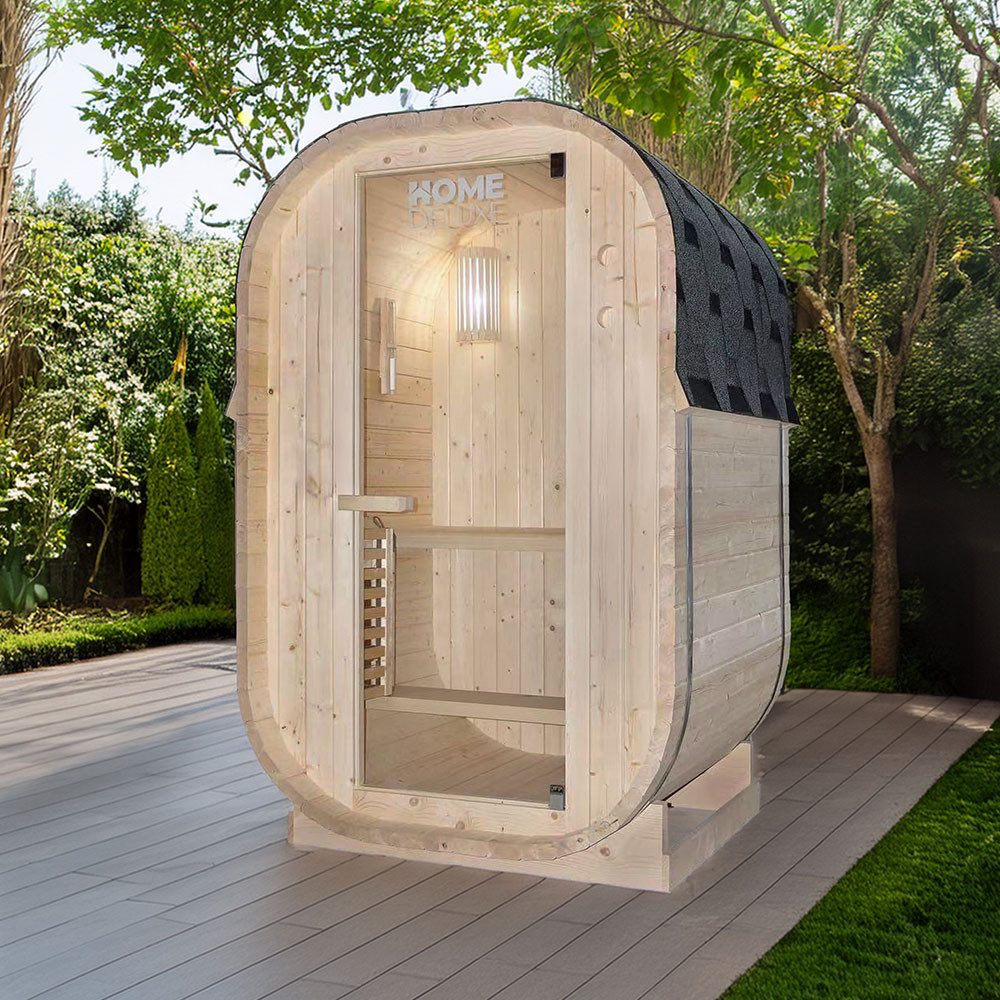HOME DELUXE Fasssauna Outdoor Sauna CUBE S, BxTxH: 128.2 x 120 x 194 cm, 3,8 mm, (inkl. 3,6 kW Saunaofen & Saunazubehör) für 2 Personen, Fichtenholz I Gartensauna