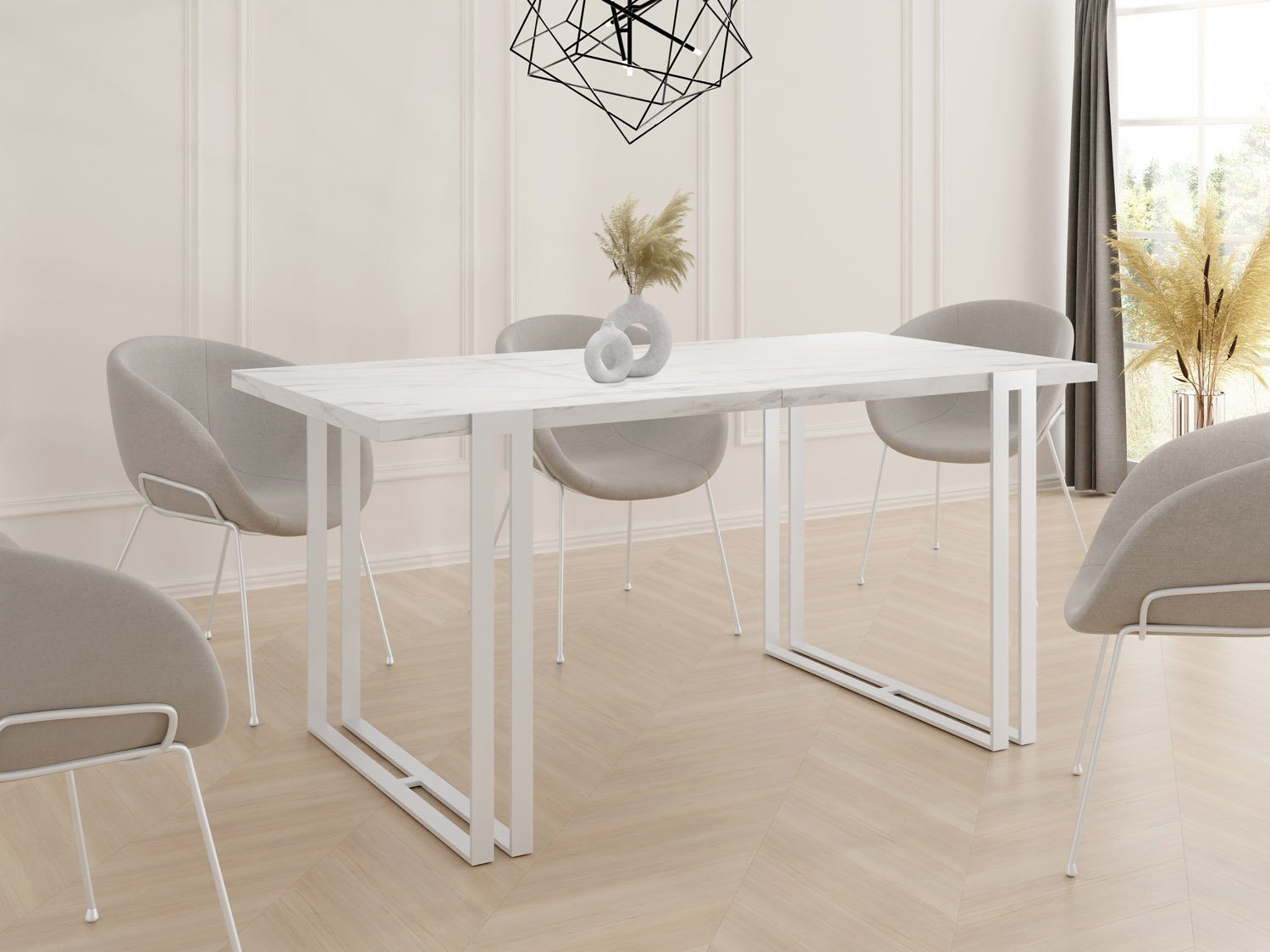 WFL GROUP Weiß Metallbeinen mit Ausziehbar Lilo, Marmoroptik Tisch Loft-Stil im Glamour Esstisch