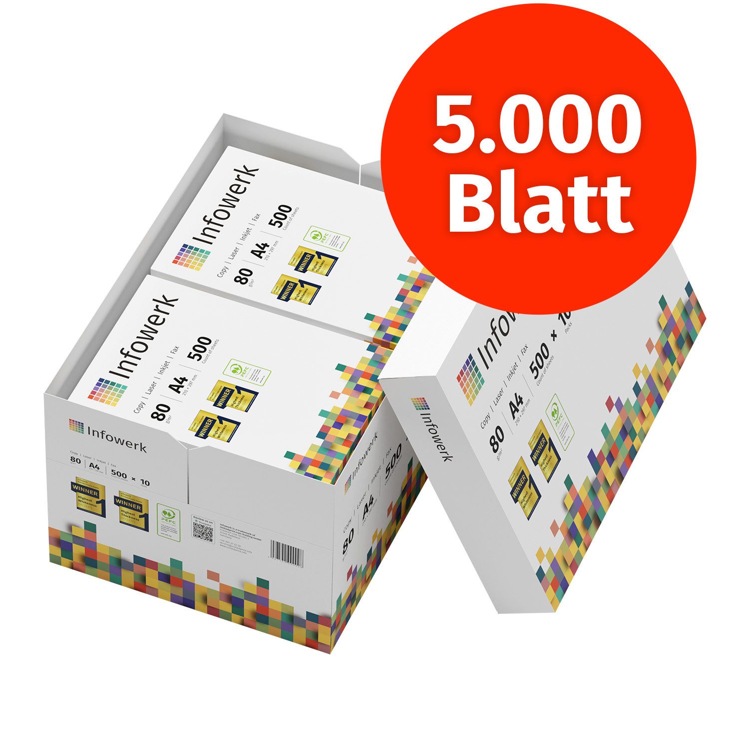 Infowerk Druckerpapier Kopierpapier 5000 Blatt A4 80g Premium Weiß Testsieger PEFC
