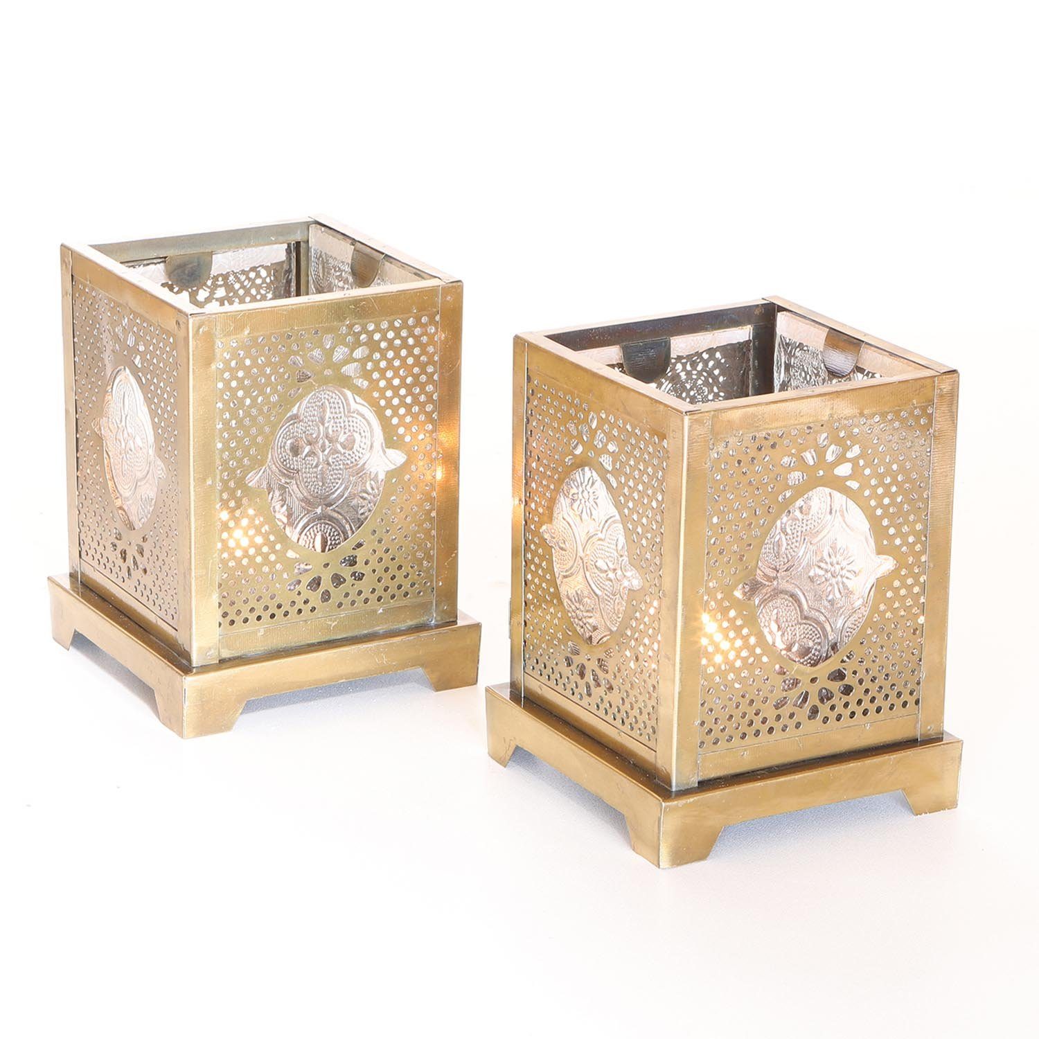 Orientalisches Glas St), 4 für Windlicht Antik-Gold Mahir aus Casa & Windlicht Deko Weihnachten Look, Metall & Glas drinnen (Ramadan Laterne Moro Marokkanische Teelichthalter draußen