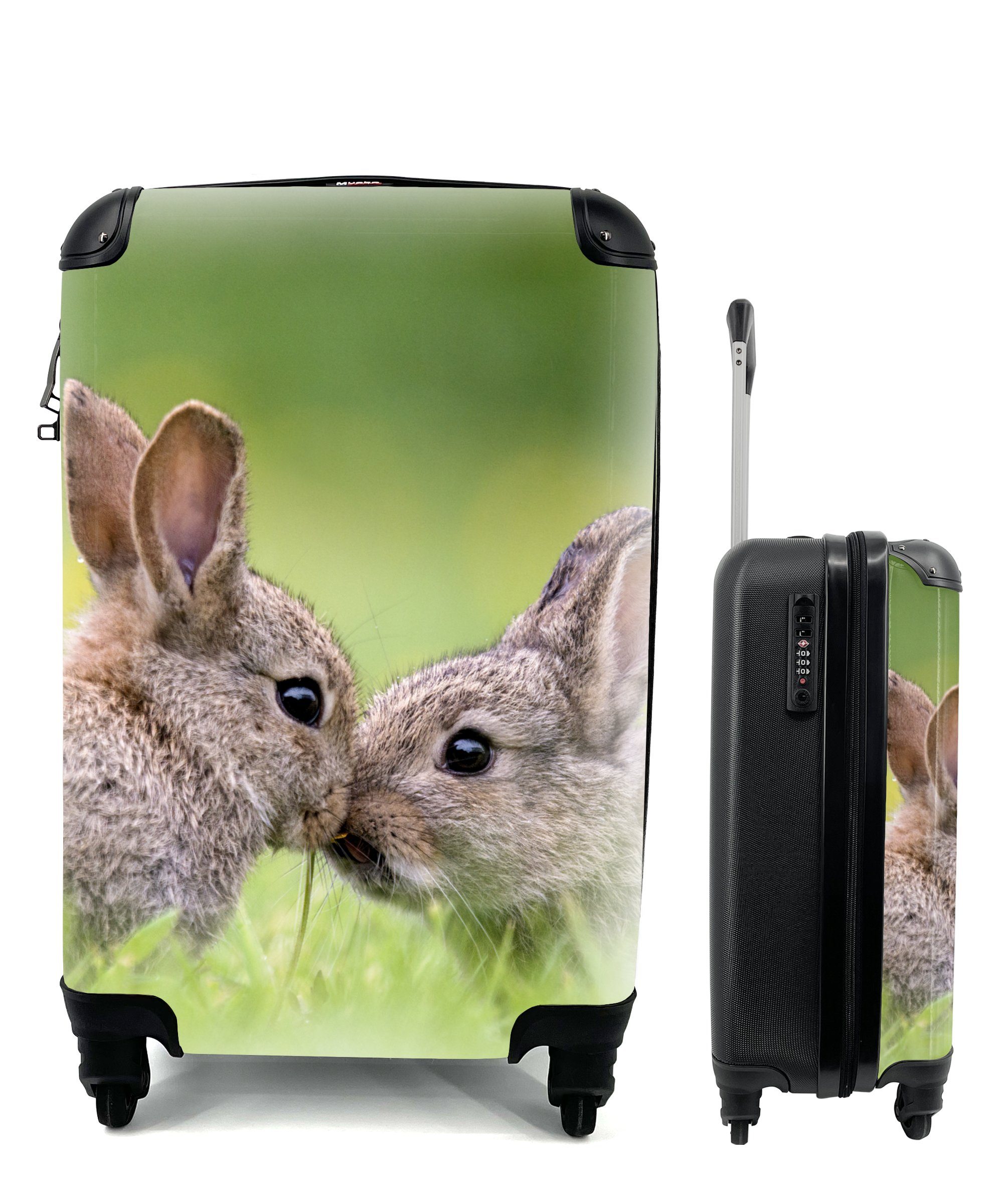 MuchoWow Handgepäckkoffer Kaninchen - Baby - Gras, 4 Rollen, Reisetasche mit rollen, Handgepäck für Ferien, Trolley, Reisekoffer