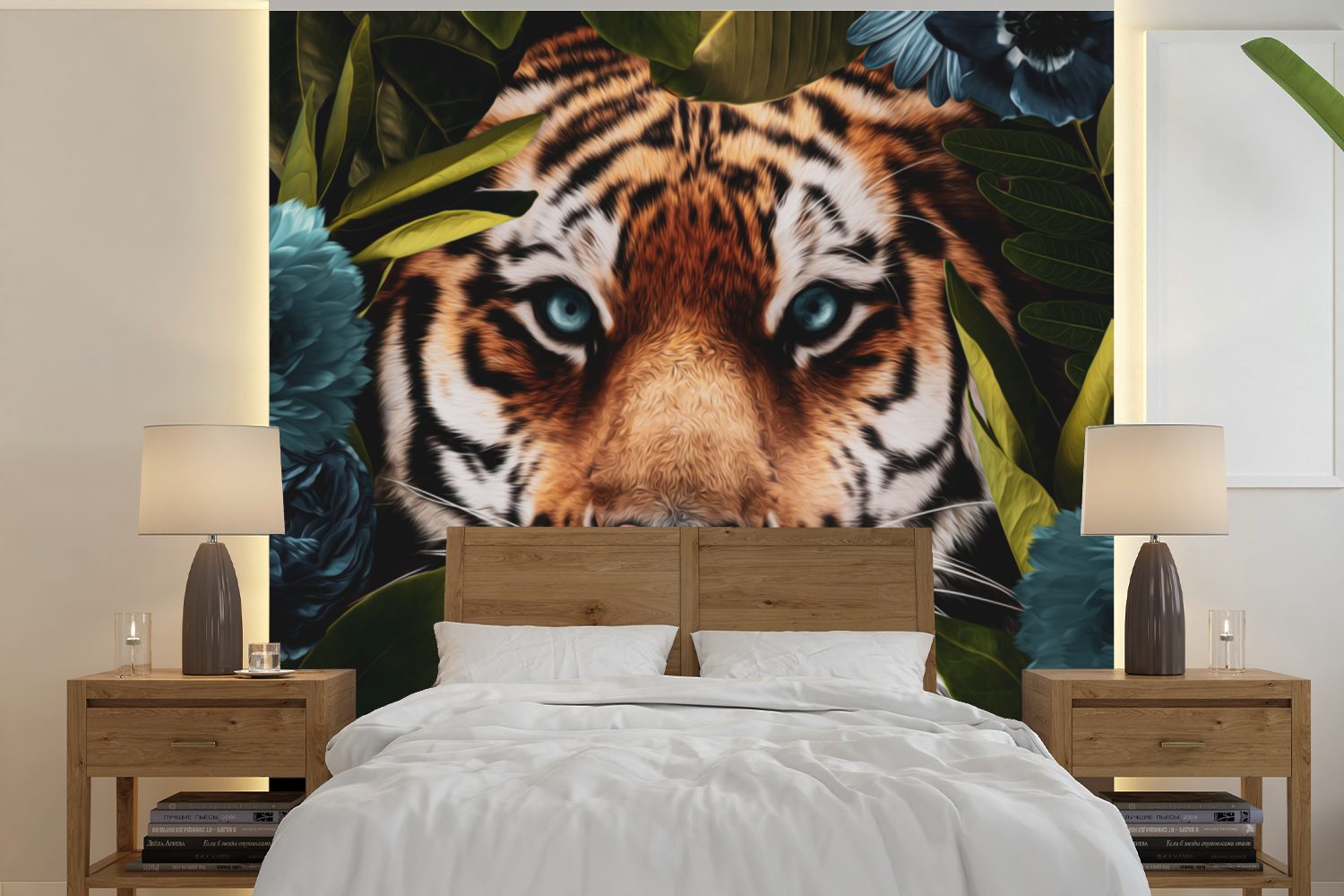 MuchoWow Fototapete Tiger - Dschungel - Blumen, Matt, bedruckt, (5 St), Vinyl Tapete für Wohnzimmer oder Schlafzimmer, Wandtapete