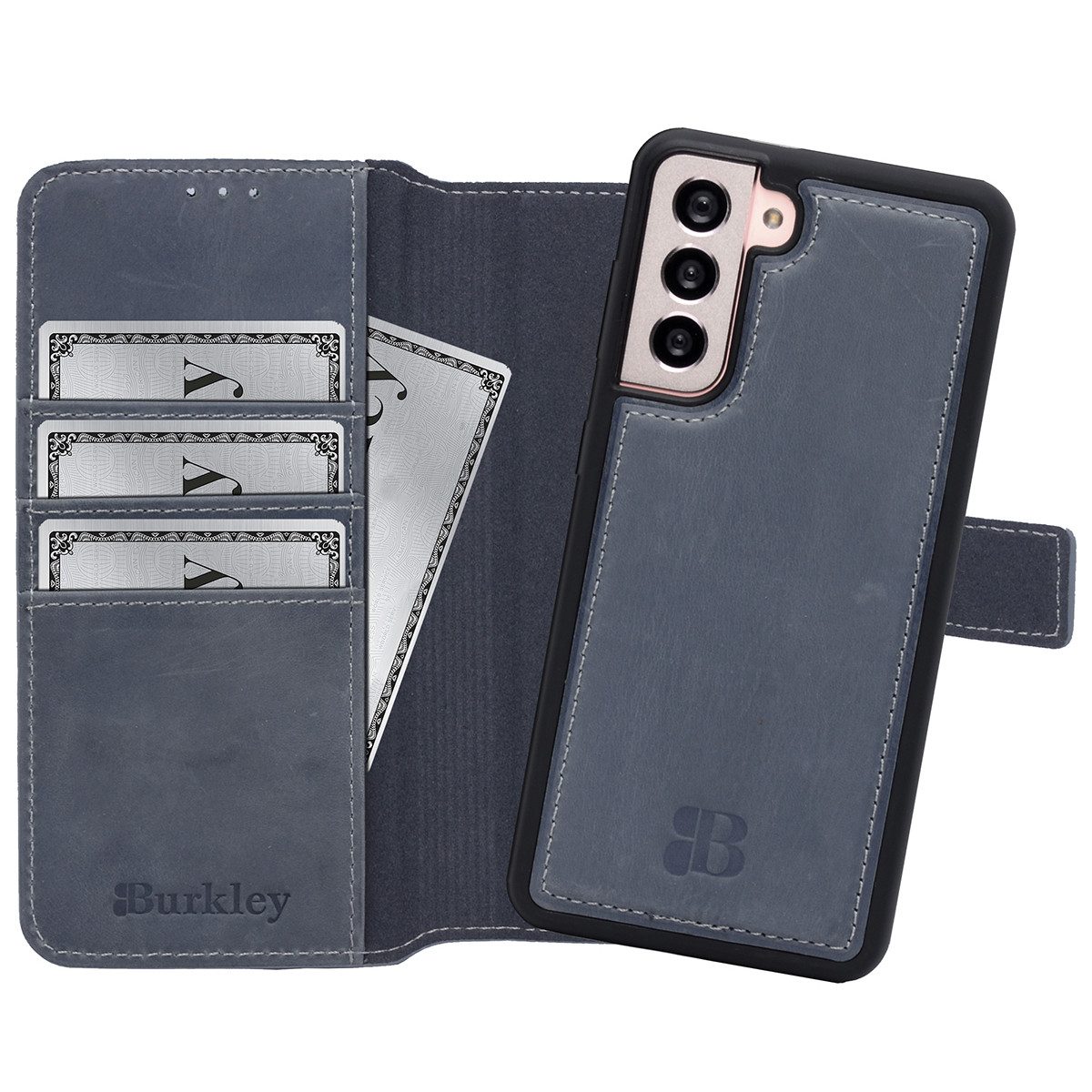 Burkley Handytasche Samsung Galaxy S21 Handytasche mit modularem Case (1-tlg., Book Case Lederhülle mit Kartenfach und Magnetverschluss), herausnehmbare Innenhülle, Kartenfächer, Kickstand
