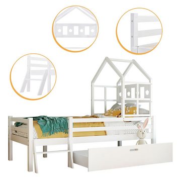 Flieks Hochbett Kinderbett Hausbett mit Schublade und Leiter 90x200cm Kiefer