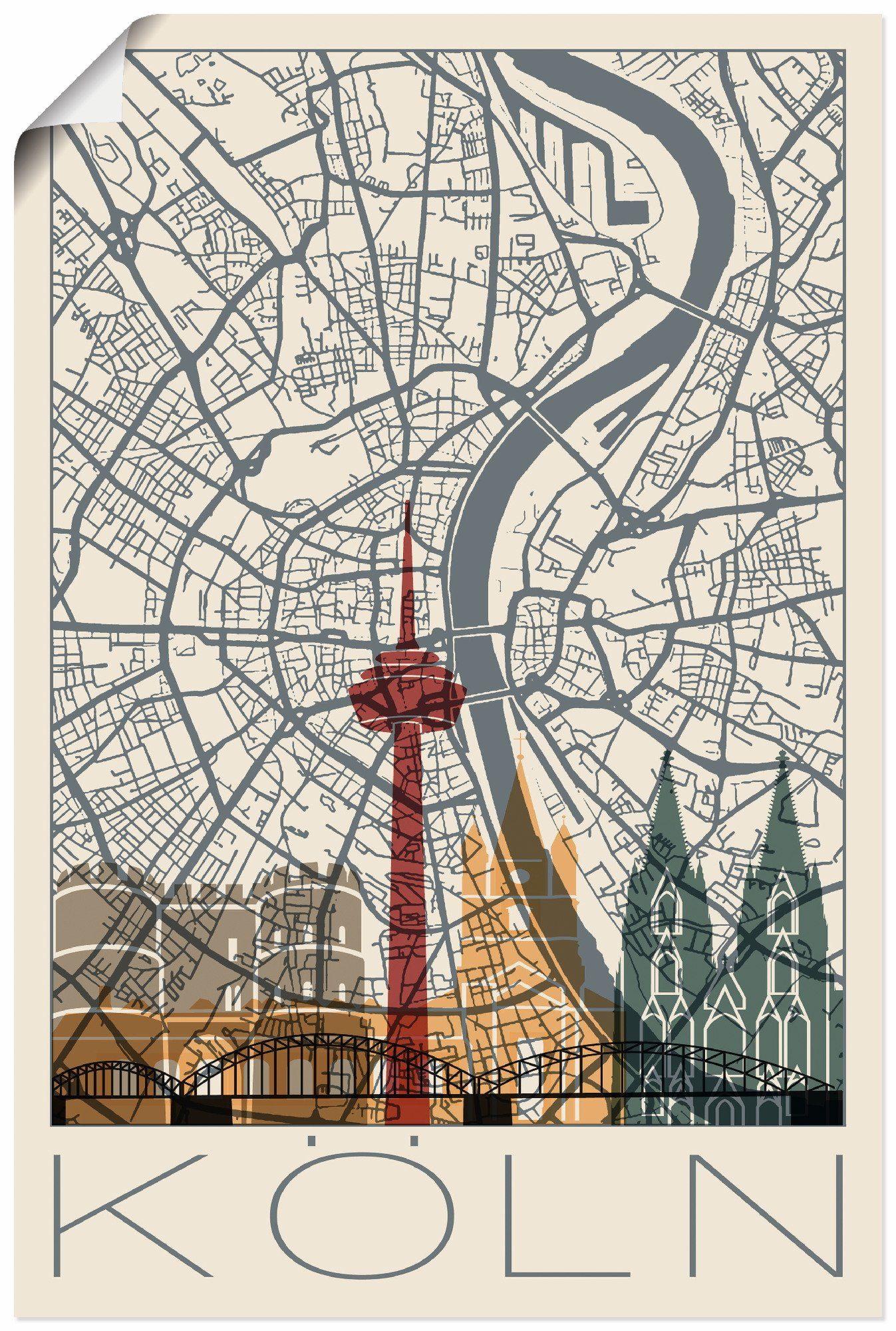 Artland Wandbild »Retro Karte Köln Deutschland und Skyline
