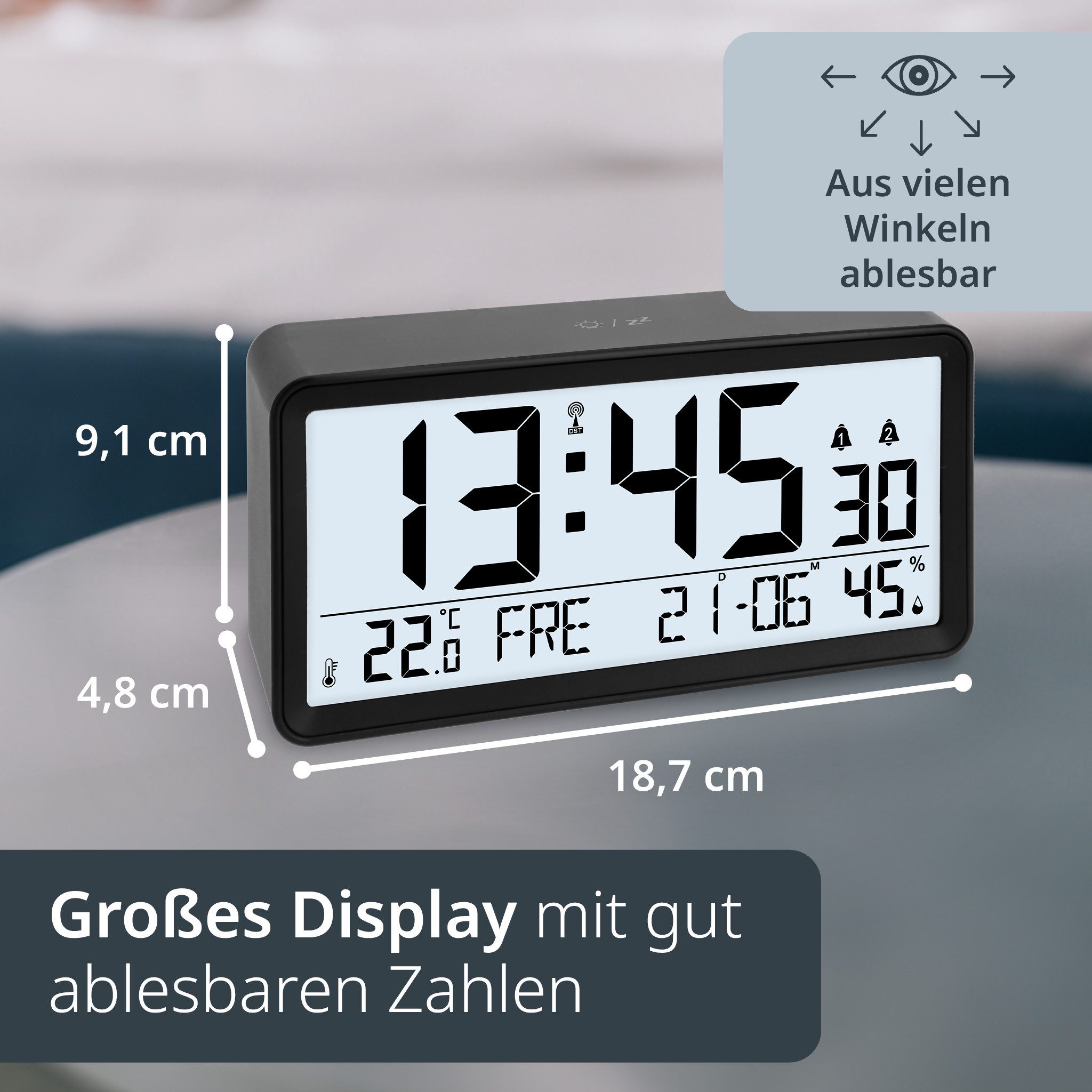ADE Funktischuhr digital XXL-Ziffern, Tischuhr & Wanduhr mit Thermometer, 2 Weckzeiten Funkuhr mit Hygrometer, Datum & Wochentag, inkl. AA Batterien – Bild 5 von 5