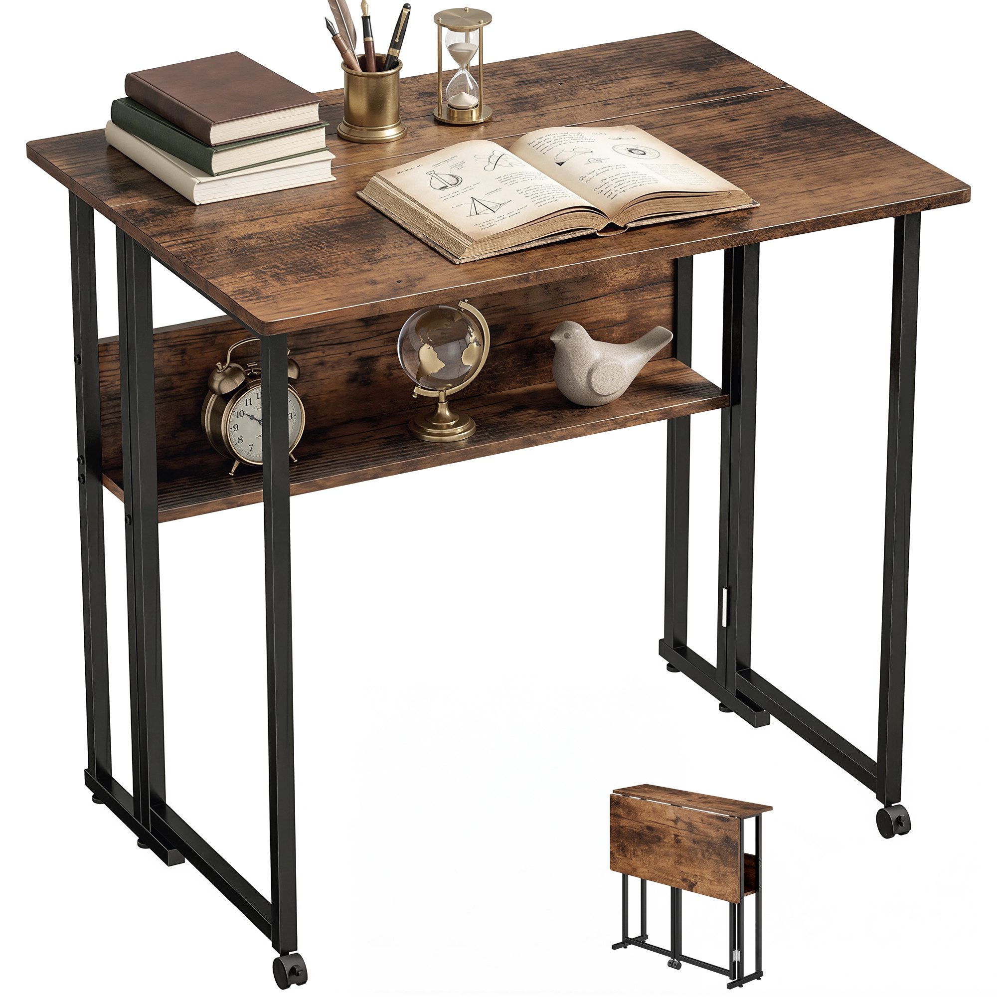 HOMCOM Schreibtisch 80 cm Klappbarer Computertisch mit Ablagefach (Klapptisch, 1-St., Bürotisch), für Homeoffice, Schlafzimmer, Rustikal-Braun