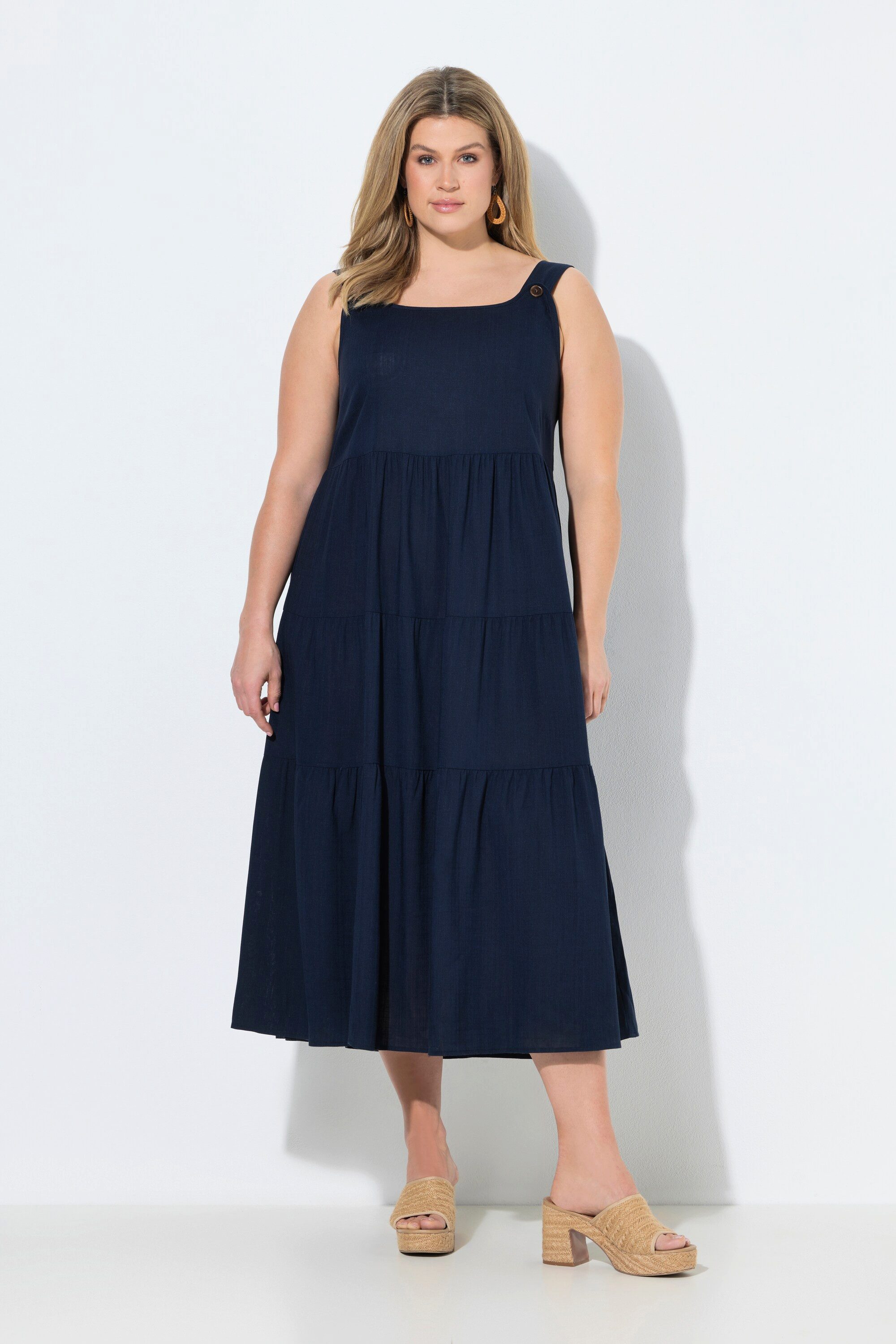 Ulla Popken Midikleid Trägerkleid Leinenmix A-Linie Träger verstellbar