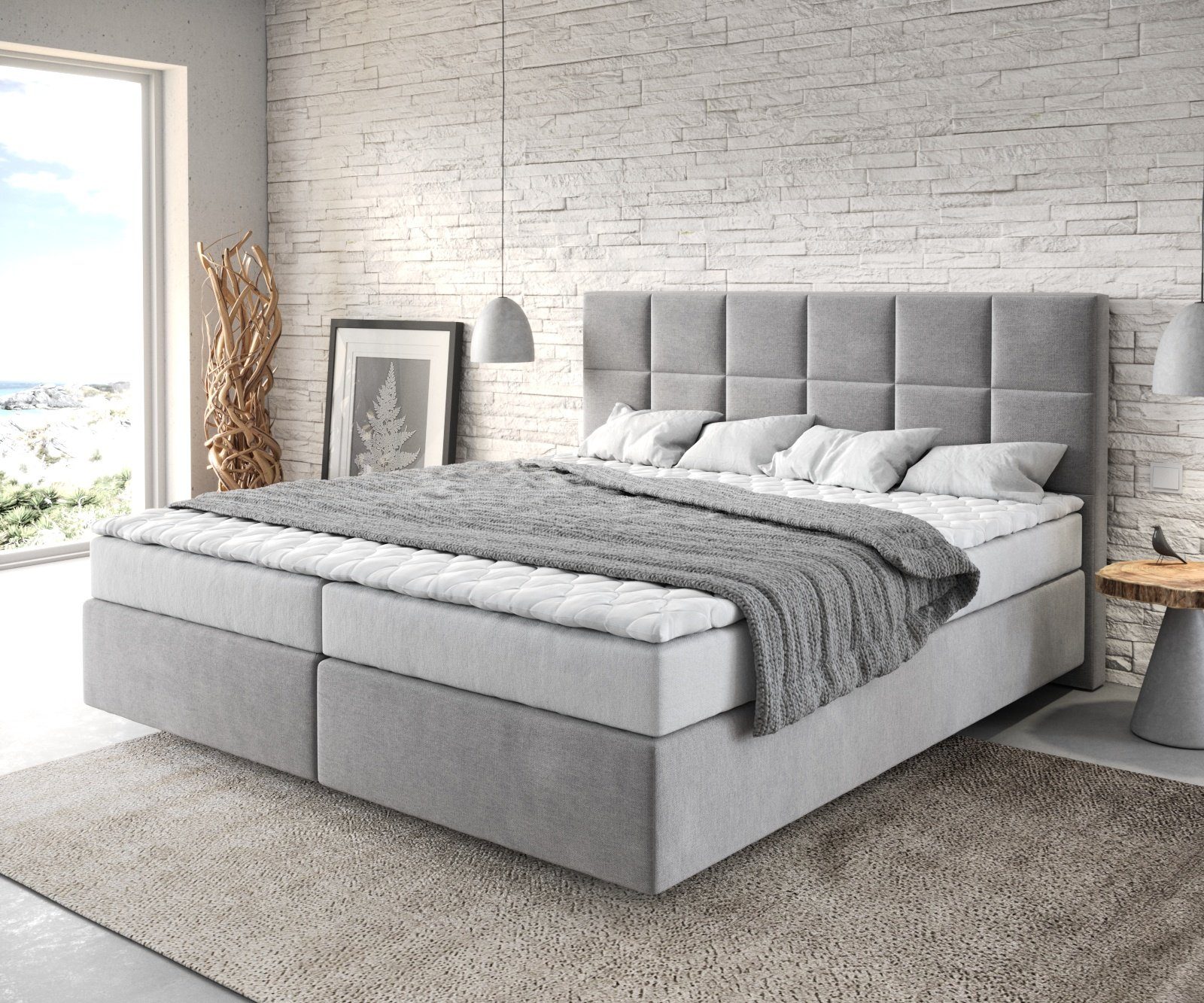 DELIFE Boxspringbett Dream-Fine, Mikrofaser Grau 180x200 cm mit Matratze und Topper